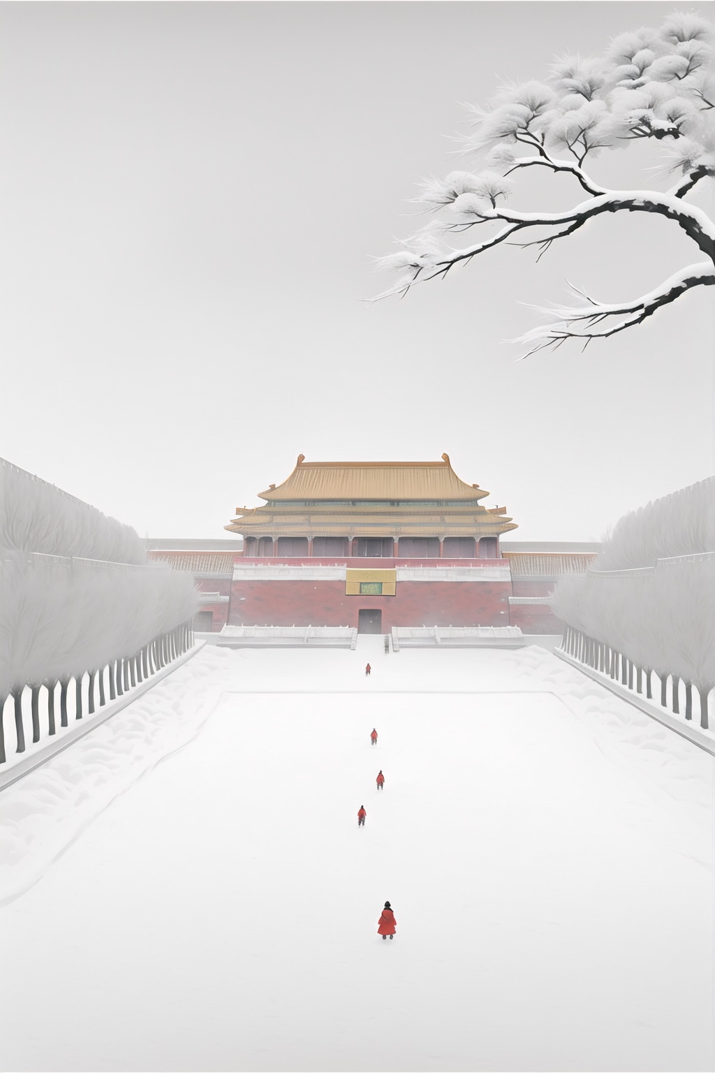 ycbh,outdoors,tree,scenery,snow,grey sky,New Gongbi,Forbidden City,minimalist,blank space,grand scene,snow accumulation,texture matte,<lora:ycbh4:0.8>,