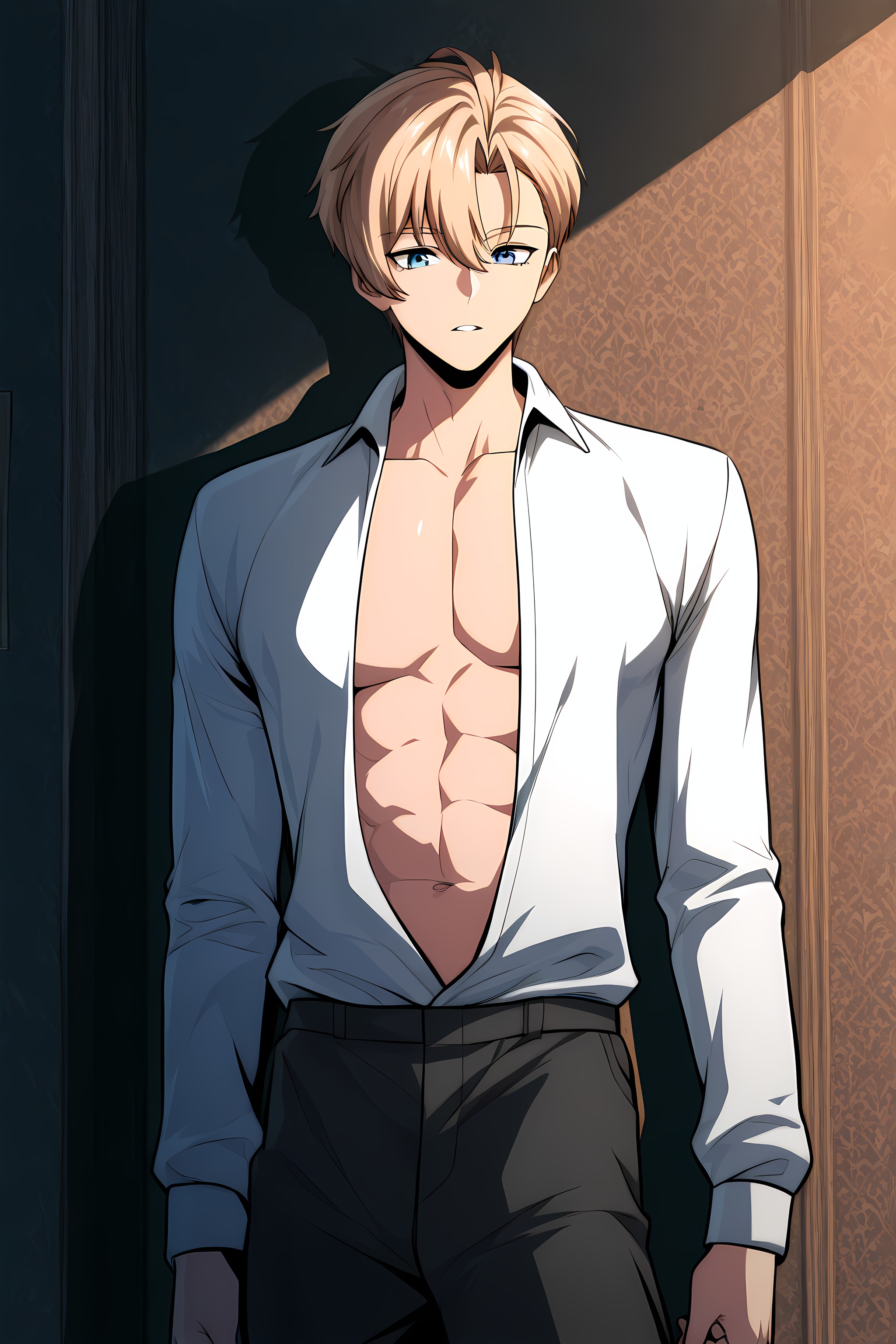 ed_rothtaylor, 1boy, blonde hair, male focus, shirt, open shirt, white shirt, open clothes, solo, looking at viewer, short hair, long sleeves, blue eyes, parted lips, hair between eyes, cowboy shot, black pants, bangs <lora:Ed-Rothtaylor-IllustXL:1>, (masterpiece),(best quality),(ultra-detailed),(best illustration),(best shadow),(absurdres),(detailed background),(very aesthetic),