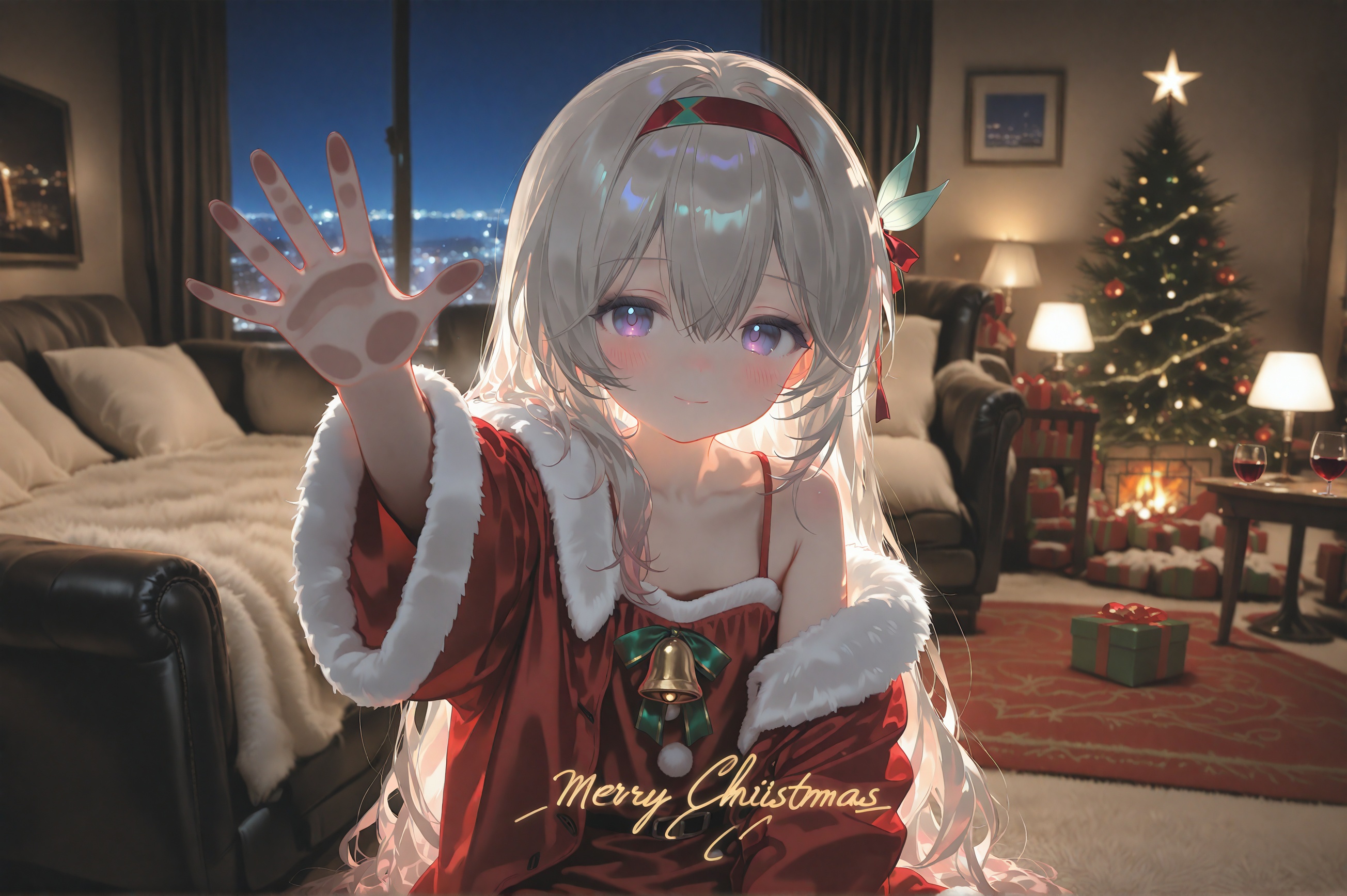 nyalia,loli,loli,loli,1girl,christmas,merry christmas,gift,long hair,hairband,solo,box,lamp,christmas tree,gift box,looking at viewer,indoors,santa costume,window,cup,blue eyes,smile,drinking glass,glass,night,dress,closed mouth,blush,hair between eyes,christmas present,grey hair,carpet,fur trim,condensation,long sleeves,hair ornament,bare shoulders,curtains,blurry,table,red dress,sitting,red hairband,sidelocks,ribbon,off shoulder,blonde hair,city lights,upper body,collarbone,desk lamp,rug,arm up,bell,night sky,christmas ornaments,against glass,depth of field,bed,jacket,santa dress,spaghetti strap,drink,purple eyes,fireplace,bedroom,fur-trimmed jacket,ice,santa hat,cityscape,fur-trimmed sleeves,english text,sky,alcohol,white hair,reaching,skyline,red jacket,armchair,hat,wine glass,hair ribbon,open clothes,red ribbon,blurry background,bow,light smile,pillow,headband,city,wide sleeves,reaching towards viewer,<lora:nyalia acid4up-000023:0.8>,
