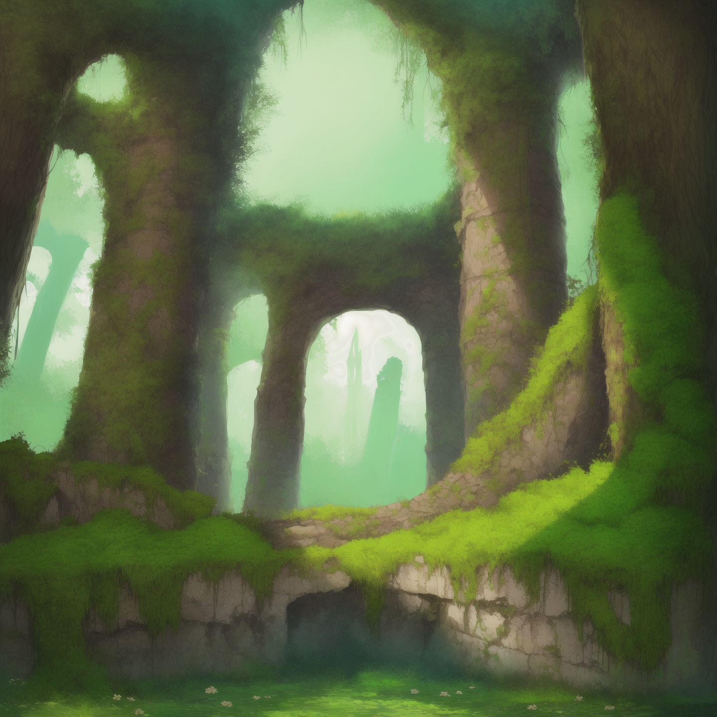 pillar, no humans, scenery, ruins, moss, flower, column, tree, stairs, nature, outdoors, plant, water, rock