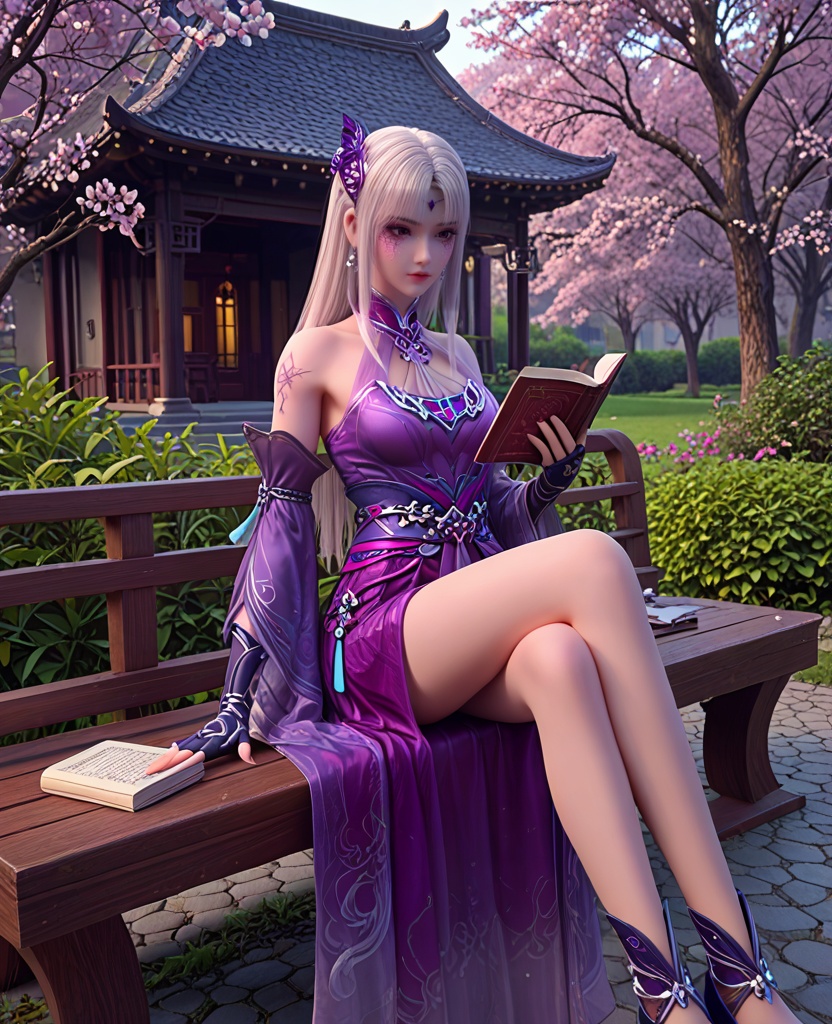 (oriental architecture, elegant decor, sophisticated style:1.1),(Sitting cross-legged on a park bench, holding a book and reading,:1.1),(breasts:1.2),<lora:XL斗破苍穹小医仙P:0.85>,elder sister,purple dress,white hair,bangs,hair ornament,bare shoulders,brown eyes,purple veil,jewelry,fingerless gloves,blue footwear,sash,(facial tattoo:1.2),(cracked skin:1.2),purple eyes,, score_9,score_8_up,score_7_up,score_6_up,score_5_up,score_4_up,3d rendering,tag1,tag2, Cinematic Lighting,backlighting,