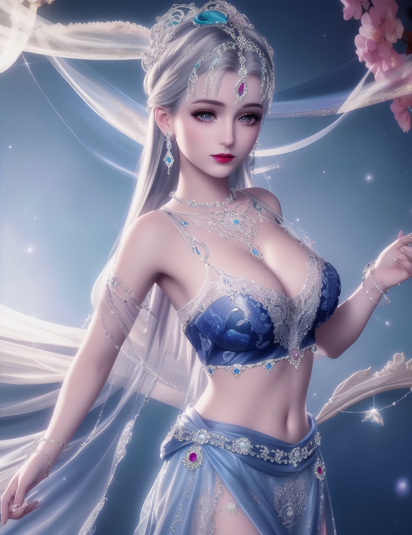 ultra realistic 8k cg, picture-perfect face, flawless, clean, masterpiece, professional artwork, famous artwork, cinematic lighting, cinematic bloom, perfect face, beautiful face, fantasy, dreamlike, unreal, science fiction, huge breasts, beautiful clothes, lace, lace trim, lace-trimmed legwear, (rich:1.4), prestige, luxury, jewelry, diamond, gold, pearl, gem, sapphire, ruby, emerald, intricate detail, delicate pattern, charming, alluring, seductive, erotic, enchanting, hair ornament, necklace, earrings, bracelet, armlet,halo ((,1girl:1.5,   solo, ))<lora:DA_NikkiChangEr2.0:0.6>