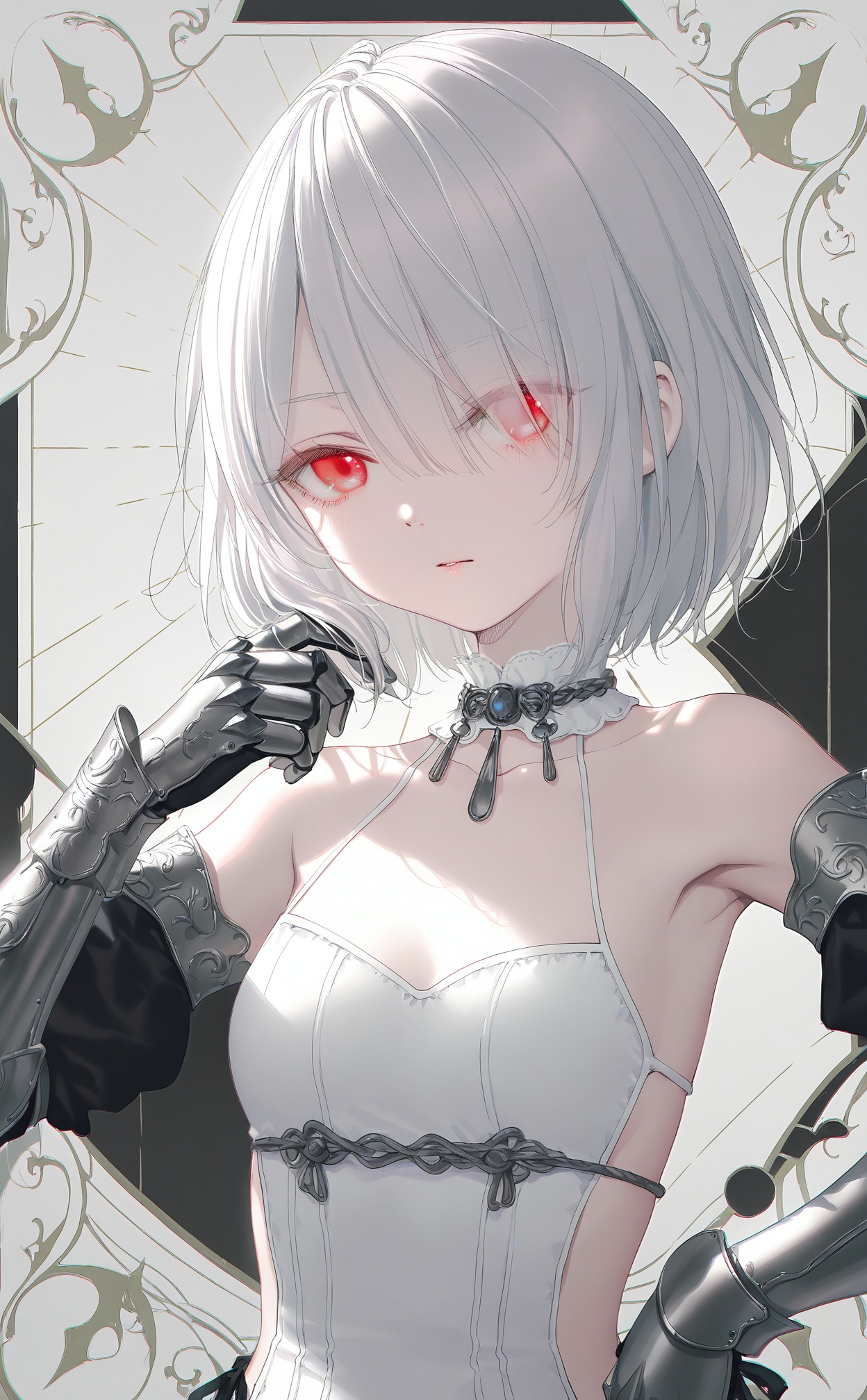masterpiece,very aware,highres,absurdres,newest,best quality,loli,petite,high quality,chromatic_aberration,White Theme,//,1girl,solo,red eyes,breasts,bare shoulders,short hair,grey hair,medium breasts,multicolored hair,upper body,white hair,armor,gauntlets,hair over one eye,card (medium),collarbone,armpits,side cutout,//,photorealistic,Artist:na-ga,(quasarcake:0.2),(wanke:0.9),[Artist:chen bin],Artist:tidsean,[Artist:sk (askzy)],(artist:tokkyu:0.5),(artist:momoko (momopoco):0.5),Artist:himitsu_(hi_mi_tsu_2),//,<lora:paruno——【noob】hans:0.8>,