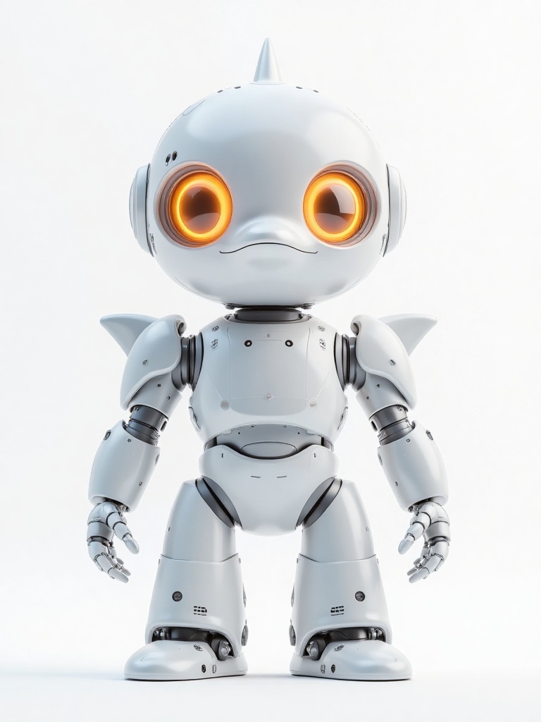 HIRO,A highly detailed CGI rendering of a cute, anthropomorphic dolphin robot with large, glowing orange eyes, gray - white body, and sleek, futuristic design. The robot has a small, rounded head with dolphin - fin - **** "ears", and a smiling expression. It stands against a plain white background, showcasing its advanced, mechanical limbs and joints.