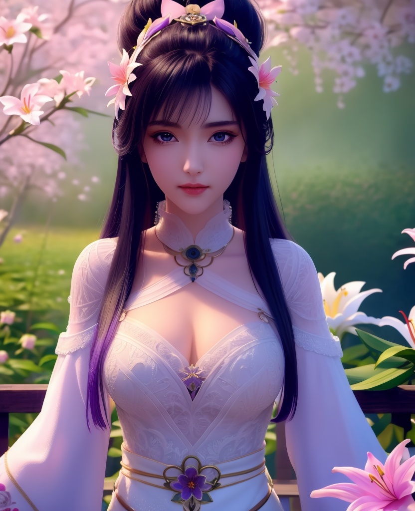<lora:638-DA-暗河传-白鹤淮-妇人:0.8>(,1girl, ,best quality, ),looking at viewer,  ,ultra detailed 8k cg,ultra detailed background,ultra realistic 8k cg,1girl, solo,(bare shoulders:0.85),(masterpiece, best quality),((oil painting style)),sexy young lady,(beautiful face and eyes),(upper body:1.5),(whole body:1.05),(single person:1.2),surrounded by flowers, (lily), roses, floret, vegetation, white, purple, purplish pink,Impressionism,colorful,(Breast size:1.3),(cleavage),