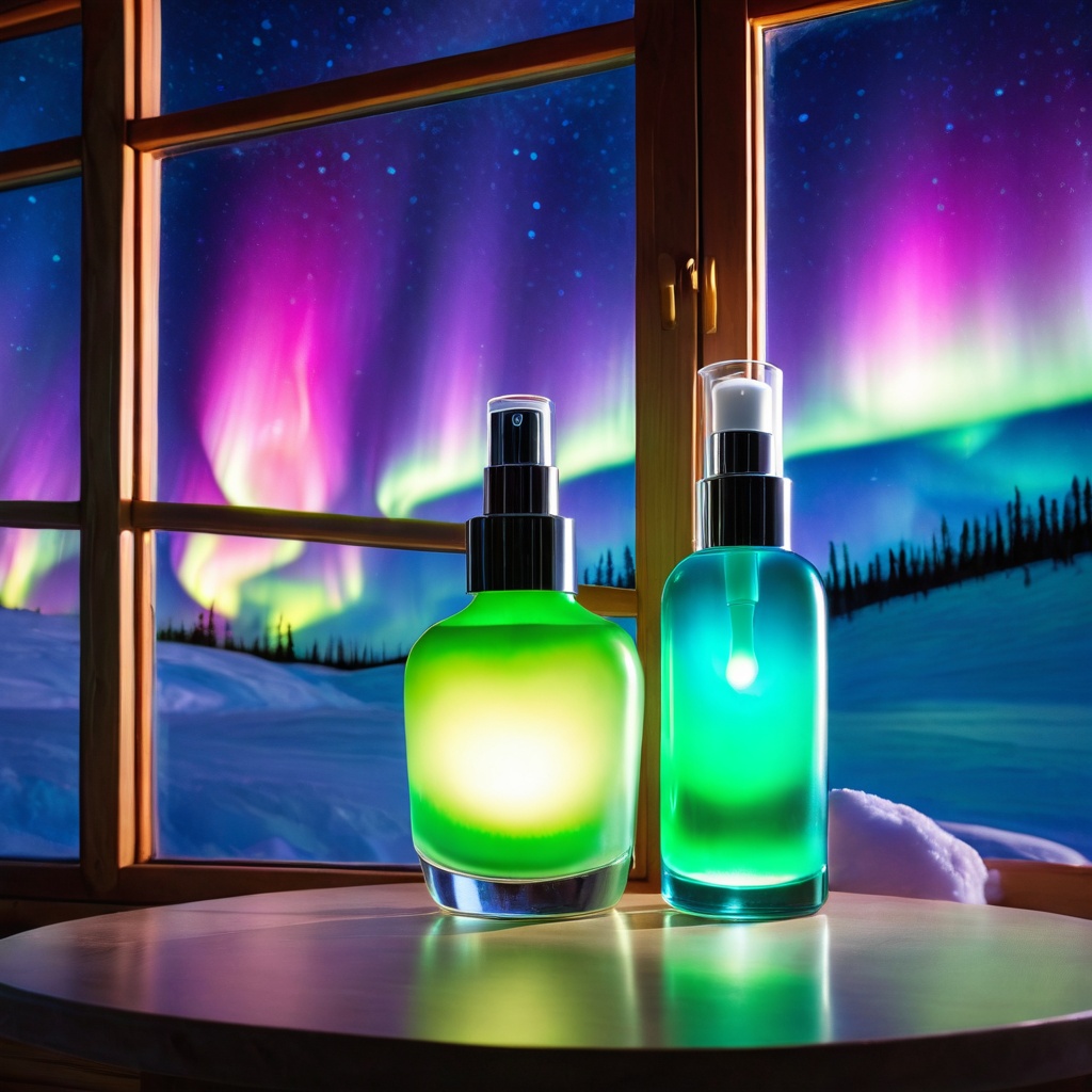 scenenorthlight,  a glass skincare bottle,  cabin window table on Tensor.Art