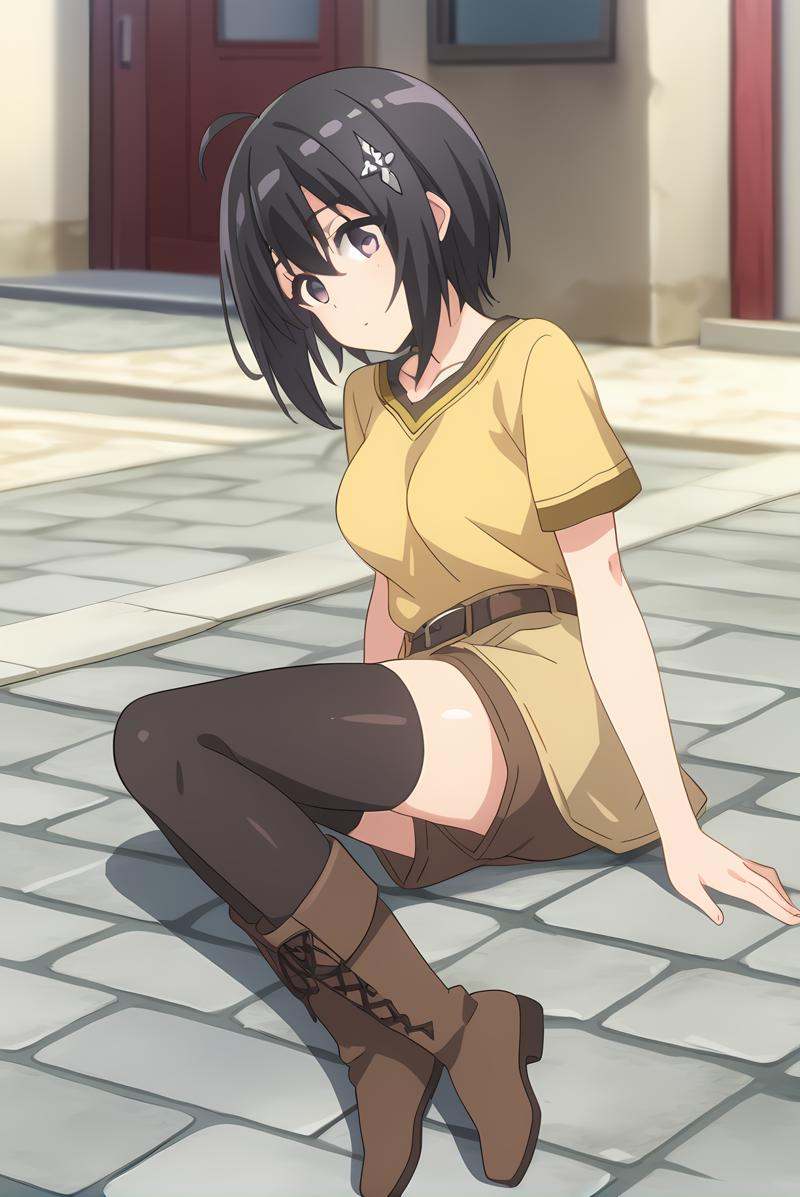 (yellow shirt born skirt brown shorts black thighhighs brown boots belt),  bof-maple,  black hair on Tensor.Art