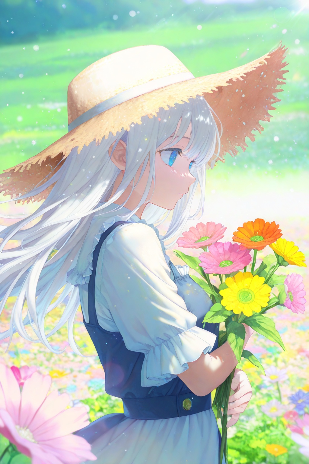 1girl,solo,white hair,long hair,blue eyes,white frilled dress,pinafore dress,straw hat,upper body, best quality, good quality, hugging flower,flower field,wind,particles,sunlight,blurry background,colorful,lens flare,perspective,from side,scenery,