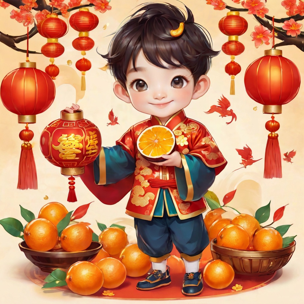 a cute boy, holding oranges and an equally charming "可爱的小龙," both celebrating Chinese New Year. Design the boy and the dragon with festive outfits and accessories, reflecting the holiday spirit. Use traditional Chinese New Year colors like red and gold in their attire. Depict them engaging in traditional New Year customs, such as giving and receiving oranges for good luck, with the little dragon playfully involved. Ensure the characters exude joy and enthusiasm for the Chinese New Year celebration.(poakl cartoon newyear style:1.5),best quality,masterpiece,<lora:poaklSDXLcartoonnewyearV2-000007:0.6>,