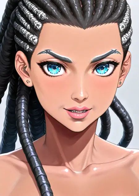dark-skinned female,blue eyes,Black Hair,Long hair,Dreadlocks,Cornrows, absurdres, masterpiece, best quality
