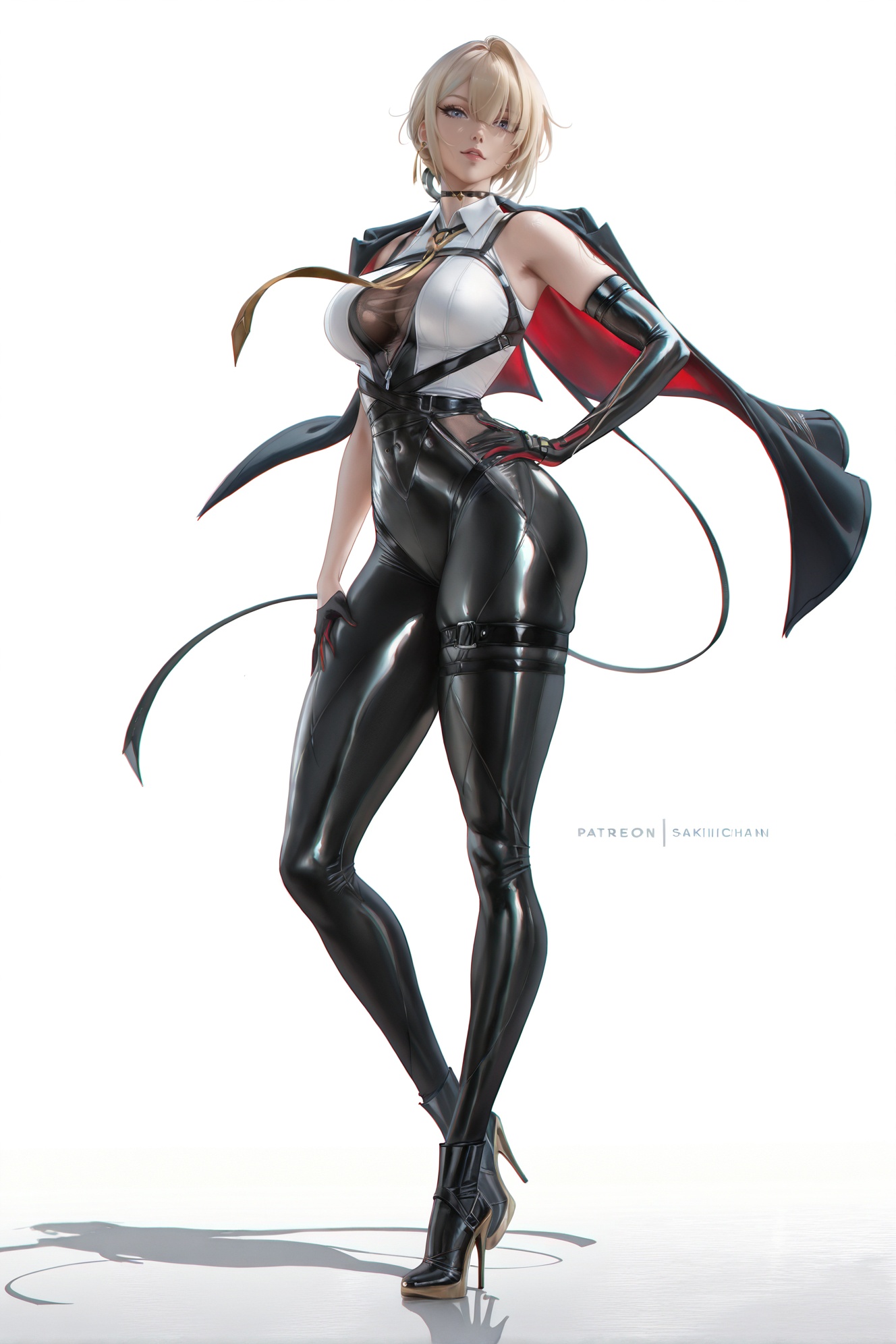 8k,best quality,masterpiece,(ultra-detailed),(high detailed skin),masterpiece,best quality,artist:zd_1995,artist:OlchaS,artist:sakimichan,sakimichan \(style\),jijia,2d,ambient light,full body,full shot,standing,looking at viewer,(solo:1.2),simple background,(white background:1.2),hand on own hip,(white background:1.1),<lora:Evelyn-ill-Tanger-000014:0.8>,Evelyn \(zenless zone zero\),clothes: def Evelyn clothes,Evelyn jacket,1girl,gloves,blonde hair,necktie,short hair,black pants,black footwear,