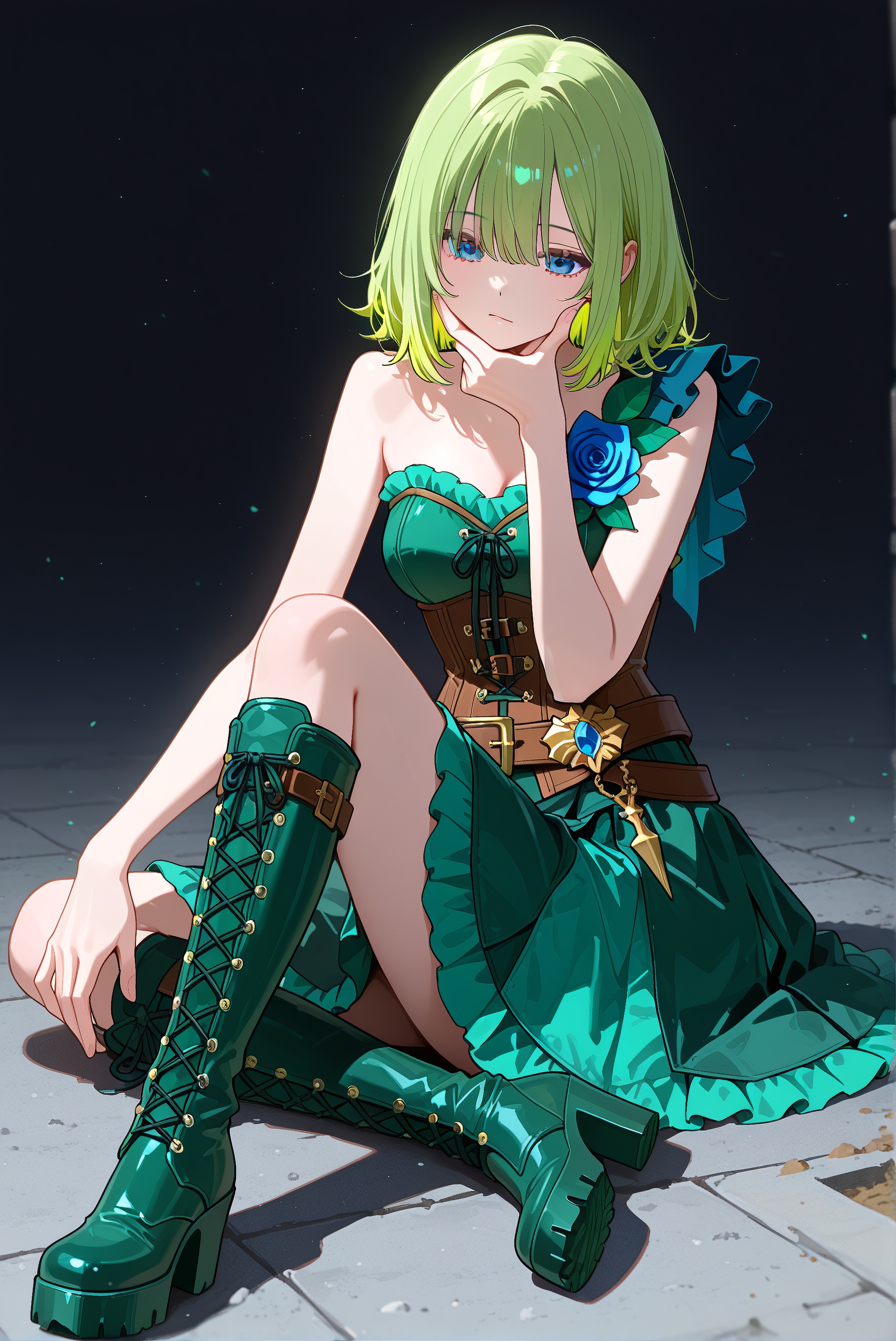 a girl with green hair and blue eyes, sitting on the ground, with her hand on her face, and her hand resting on her chin  , corset with skirt and corsets and corsage with belt and cossawn boots and shoes and cosplay
