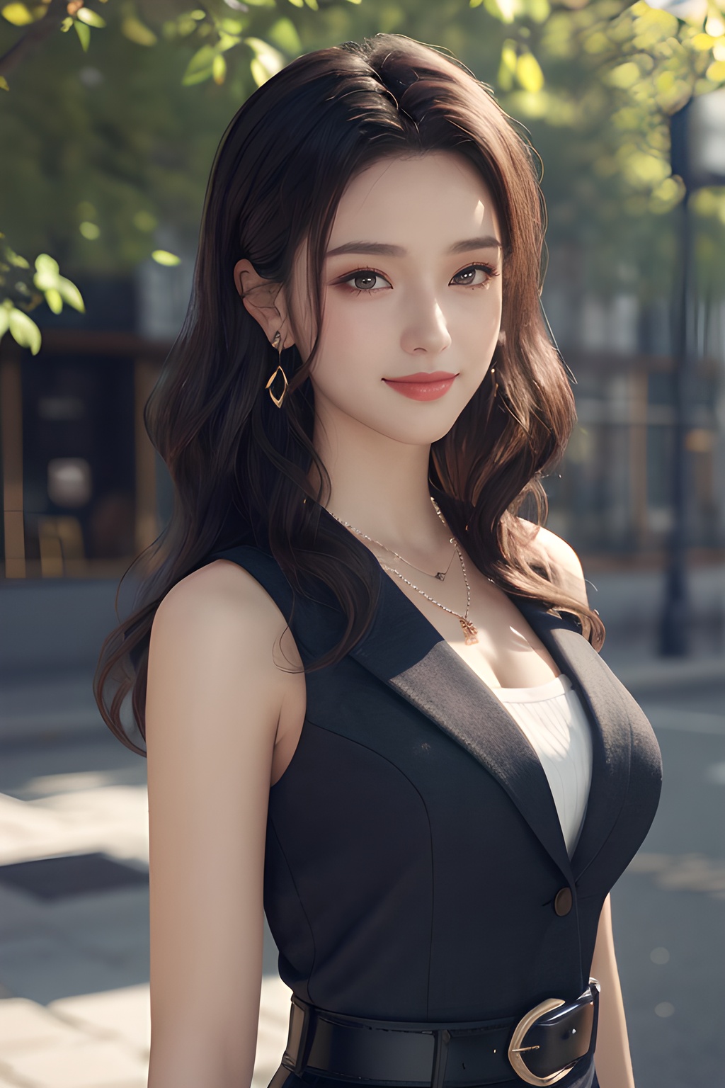 1girl,3D,game cg,solo,cowboy_shot,character positive perspective,looking_at_viewer,black hair,stud earrings,necklace,breast,medium breast,collared_shirt,blazer,women's suit belt,(Best quality,Masterpiece,Highly detailed,Ultra-fine painting,Extreme detail description,Professional,Vivid colors,8K),detailed skin texture,(blush:0.5),(goosebumps:0.5),outdoors,smile,wavy hair,long hair,depth of field,face_focus,light makeup,<lora:QYpifuV1:0.6>,shoulders,forehead,