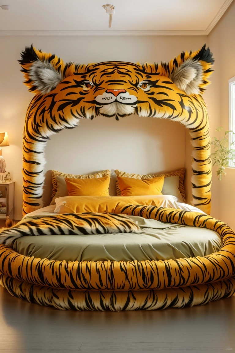((HRD, HUD, 8K)),((masterpiece, best quality)), highly detailed, soft light,CreativeFurniture, no humans, bed, (tiger:1.2), tiger ears,  <lora:20240406-1712391677858:1>