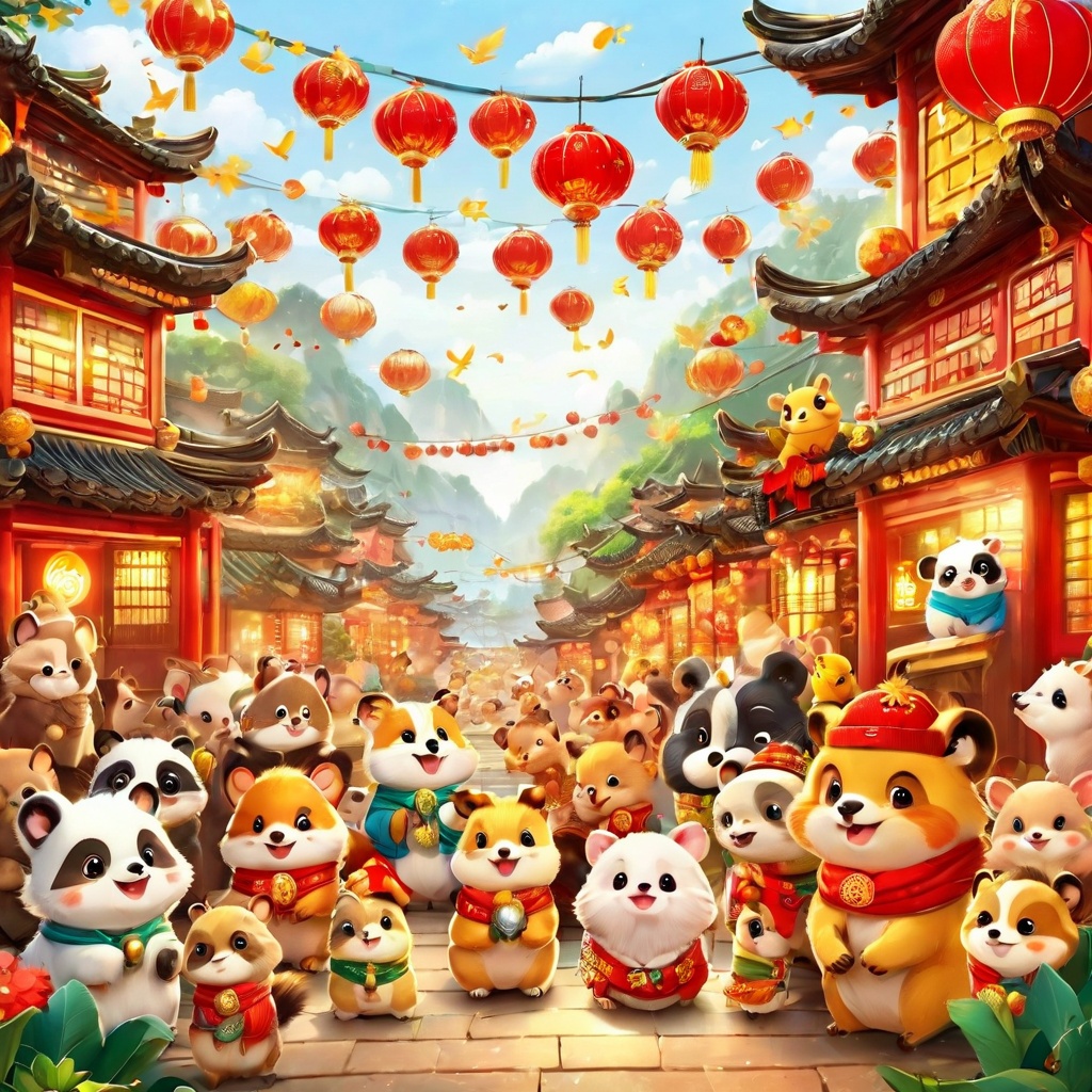 many animals, cute, poakl cartoon newyear style,best quality,masterpiece,<lora:poaklSDXLcartoonnewyearV2-000007:0.6>,