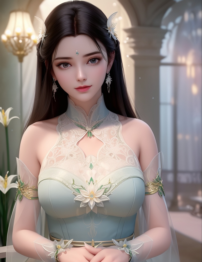 ultra realistic 8k cg, picture-perfect face, flawless, clean, masterpiece, professional artwork, famous artwork, cinematic lighting, cinematic bloom, perfect face, beautiful face, fantasy, dreamlike, unreal, science fiction,  beautiful clothes, lace, lace trim, lace-trimmed legwear,  (rich:1.4), prestige, luxury, jewelry, diamond, gold, pearl, gem, sapphire, ruby, emerald, intricate detail, delicate pattern, charming, alluring, seductive, erotic, enchanting, hair ornament, necklace, earrings, bracelet, armlet,halo((,1girl, pov,))(((,lily \(flower\),  1girl, spring_\(season\), solo,looking at viewer, ))) <lora:DA_XiaoXunEr:0.6>