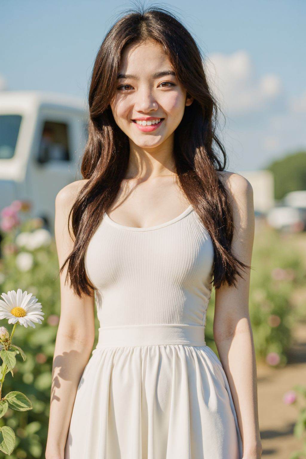 1girl, solo, long hair, looking at viewer, smile, brown hair, black hair, dress, brown eyes, standing, flower, outdoors, teeth, sleeveless, white dress, grin, sleeveless dress, ground vehicle, motor vehicle, realistic, arms at sides, Fuji camera filter, Film photography, Color Flim, Fujifilm Fujicolor 400H, fine grain, flim photo,