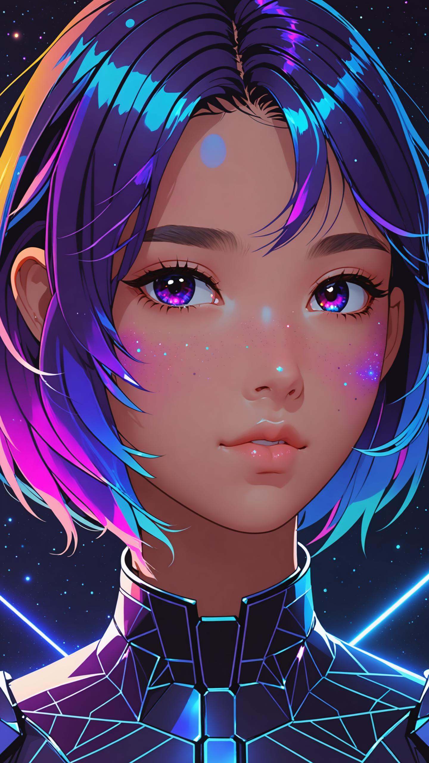 masterpiece, best quality,  1girl,  gradient hair, very detailed skin, detailed skin pores, raytracing, dark background, low lighting, galaxy background, glitched face effect