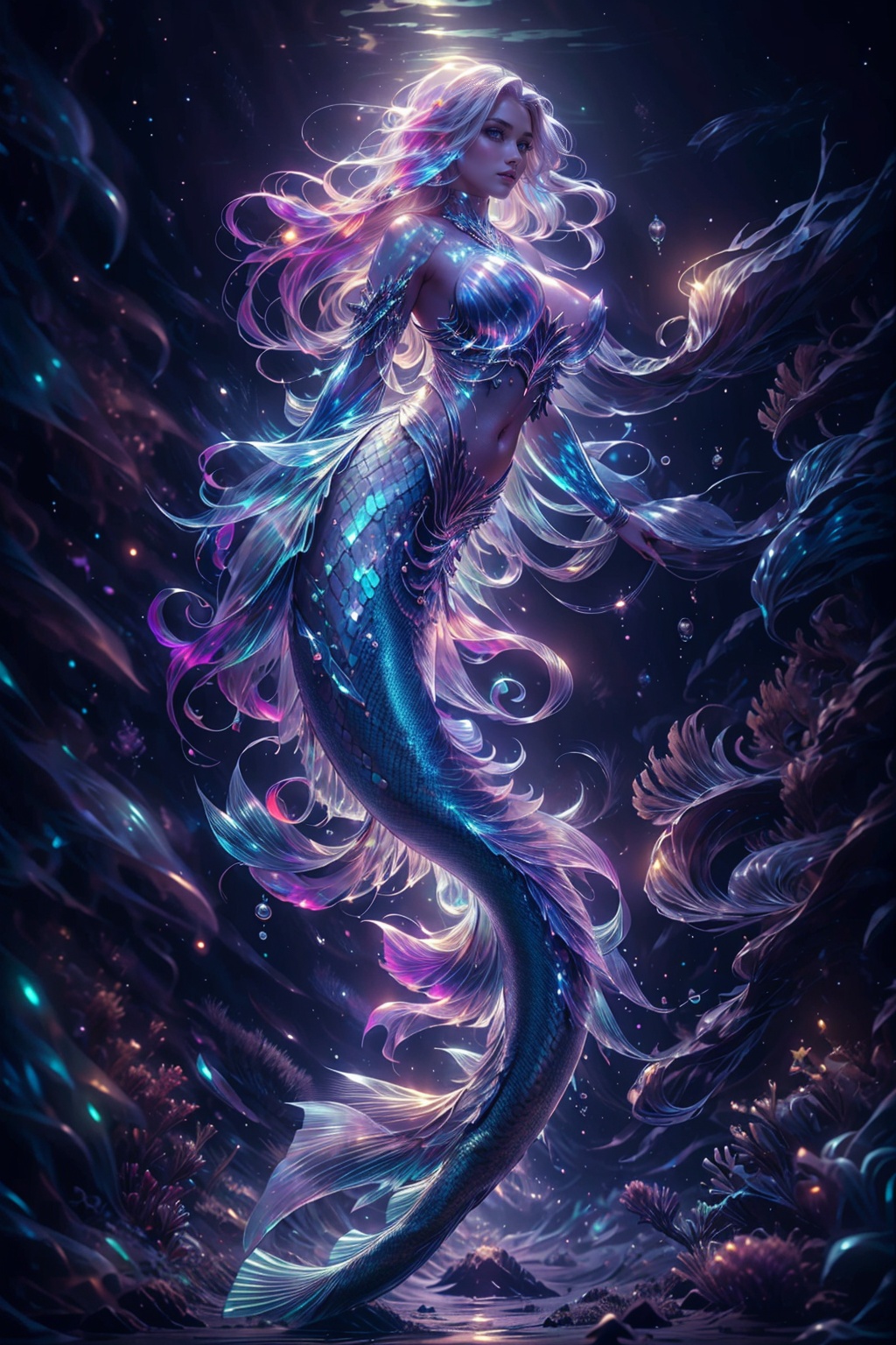 <lora:mermaid_20231203140950-000008:0.8>,scale,mermaid,kkw-el-water,(style-paintmagic:0.6),<lora:wrenchsfantasy-000016:0.5>,wrenchsfantasy,fantasy,glowing,glowing eyes,<lora:GlassTech-20:0.4>,glasstech,transparent,scifi,<lora:aurora-style-richy-v1:0.5>,aurorastyle,<lora:depths-fC_v1.1:0.6>,depths-fc,<lora:underwater:0.6>,underwater,submerged,, official art,unity 8k wallpaper,ultra detailed,beautiful and aesthetic,masterpiece,best quality,award winning,hyper realistic,photo-realistic,professional lighting,model photography,big breast,slim waist,sexy,nsfw,looking to the viewer,looking lustful,22 years old slim stunning woman,gorgeous woman,