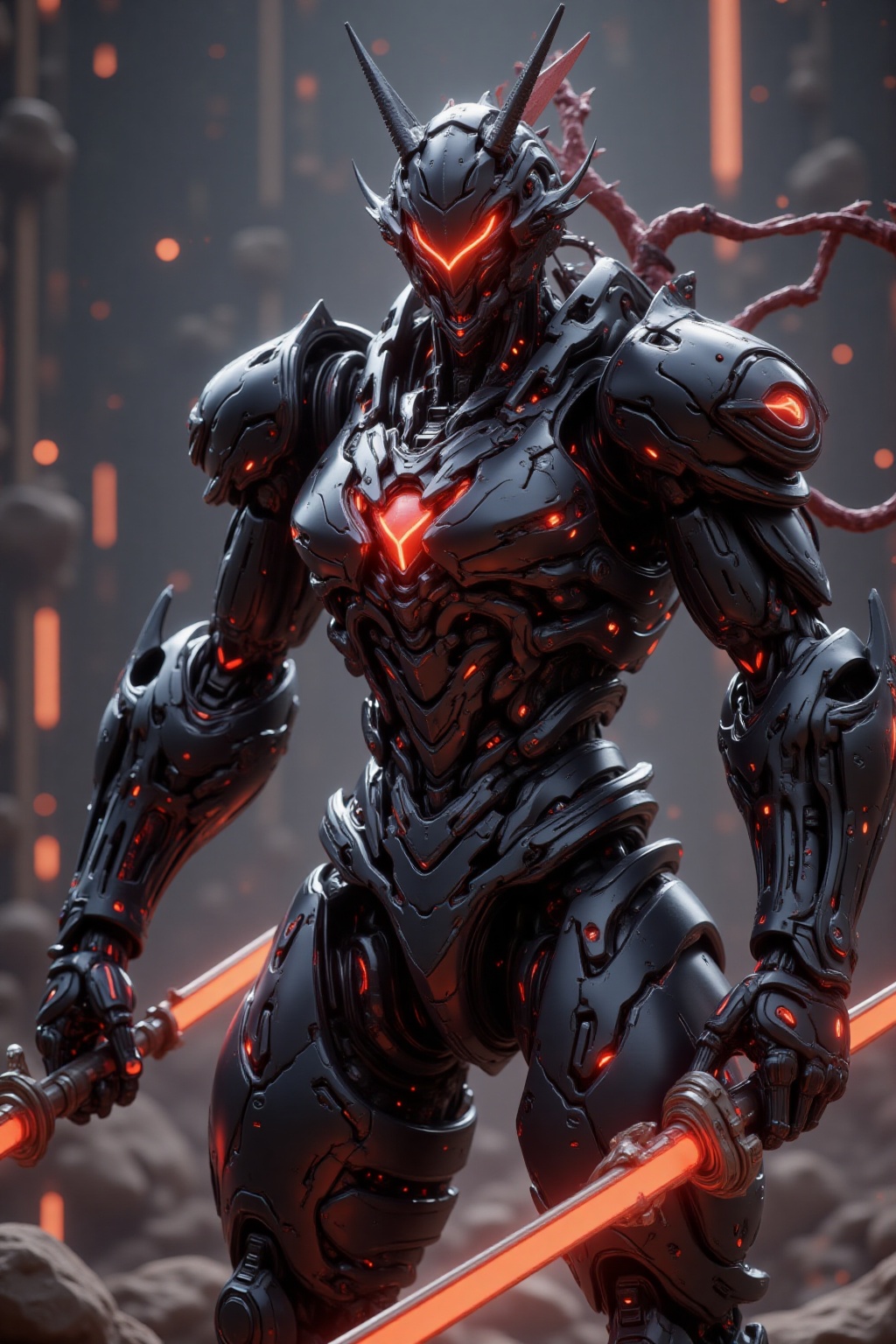 Mechanical metallic texture,Rendered by Unreal Engine 5,This is a science-fiction-style picture showing an image of a warrior wearing a black mech. The body structure of a mecha soldier is complex,with multiple joints and sharp edges,giving people a strong and majestic feeling. Its eyes glow red and it holds two glowing red weapons in its hands. There are some smoke and beam effects in the background,adding to the fighting atmosphere. The overall picture is full of a sense of technology and future.,highly detailed,ultra-high resolutions,32K UHD,best quality,masterpiece,