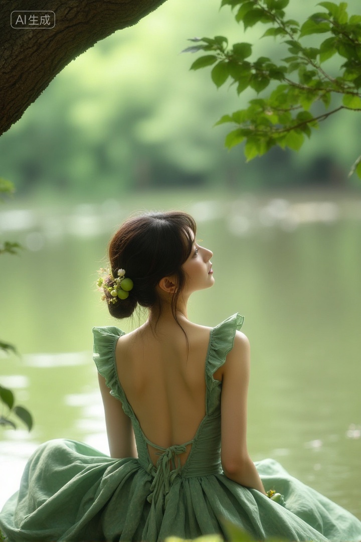 A woman sitting by a forest lake, wearing a green backless dress with patterns, hair styled into two buns decorated with green fruits and small flowers, sunlight filtering through leaves, fresh and natural atmosphere, fairy - tale forest setting., Negative prompt: ng_deepnegative_v1_75t,(badhandv4:1.2),EasyNegative,(worst quality:2),,nsfw, Steps: 30, Sampler: Euler, CFG scale: 3.5, Seed: 4170633036, Size: 720x1080, Model hash: 8cba4f1ef4, Model: F.1基础算法模型-哩布在线可运行_F.1-dev-fp8.safetensors, Denoising strength: 0, RNG: CPU, Lora 1: 20250913-1757780180322-0001, Lora Hash 1: 2c61ab8cf8, Lora Weight 1: 0.8, vae_name: automatic