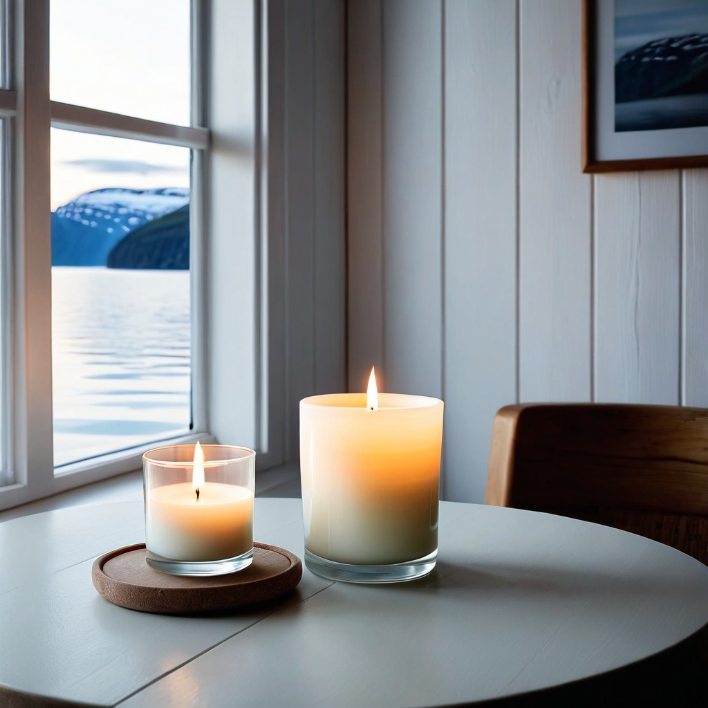 scenenordifjord,  a scented candle,  Nordic fjord-side cabin table on Tensor.Art