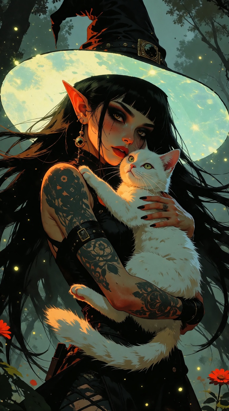 V1nt4geStyle,  a female elf hugging a white cat,  the elf is wearing a large witch hat glowing softly with magic on Tensor...