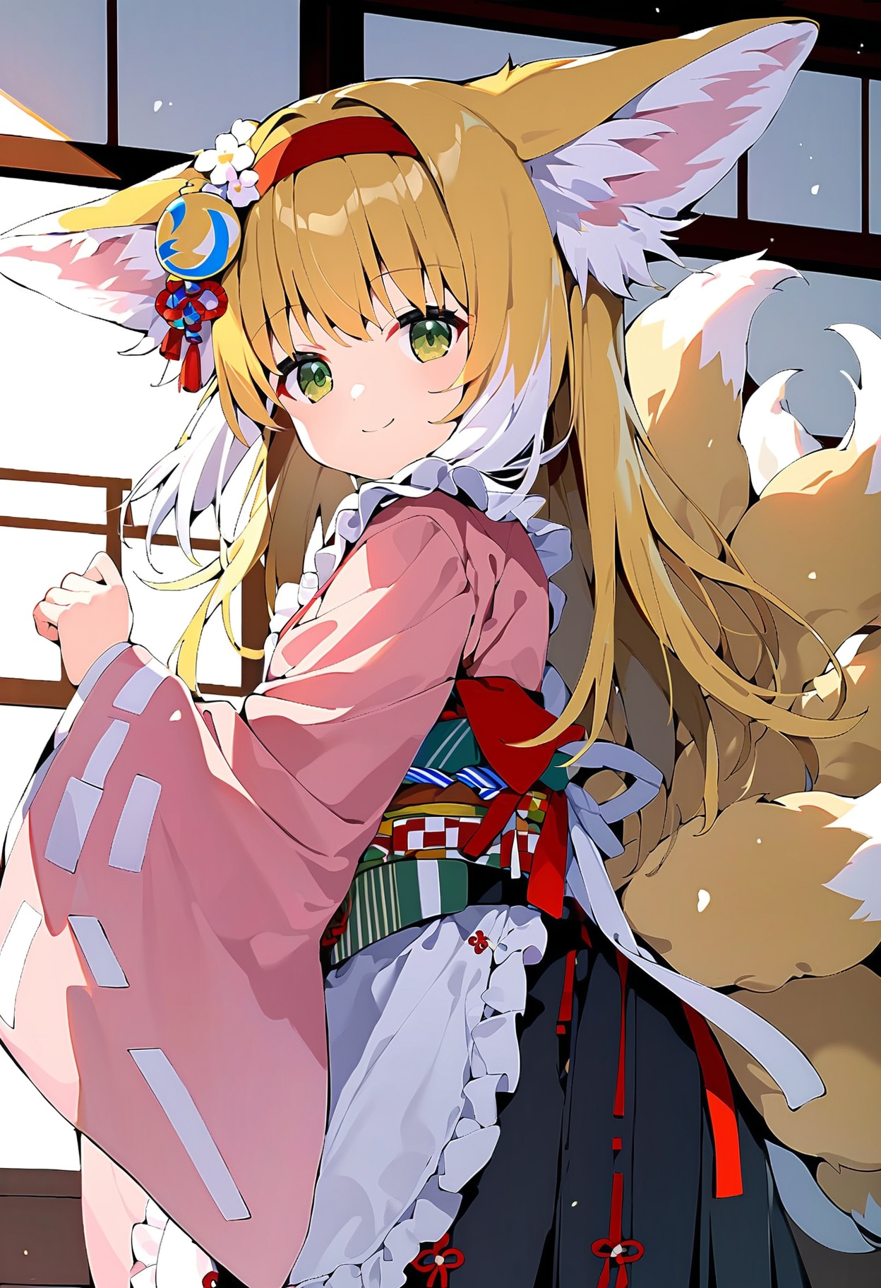 score_9,score_8_up,score_7_up,source_anime BREAK <lora:Suzuran_pony:1>,1girl,solo,suzuran,tails,multiple tails,animal ear fluff,animal ears,blonde hair,green eyes,tails,multiple tails,looking at viewer,smile,closed mouth,, yukibare,long hair,hair ornament,hair flower,red hairband,japanese clothes,pink kimono,black hakama,wide sleeves,apron,obi