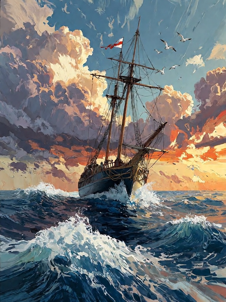 Bradhamel art style. A dramatic oil painting of a lone two-masted sailing ship navigating choppy,  deep blue ocean waves u...
