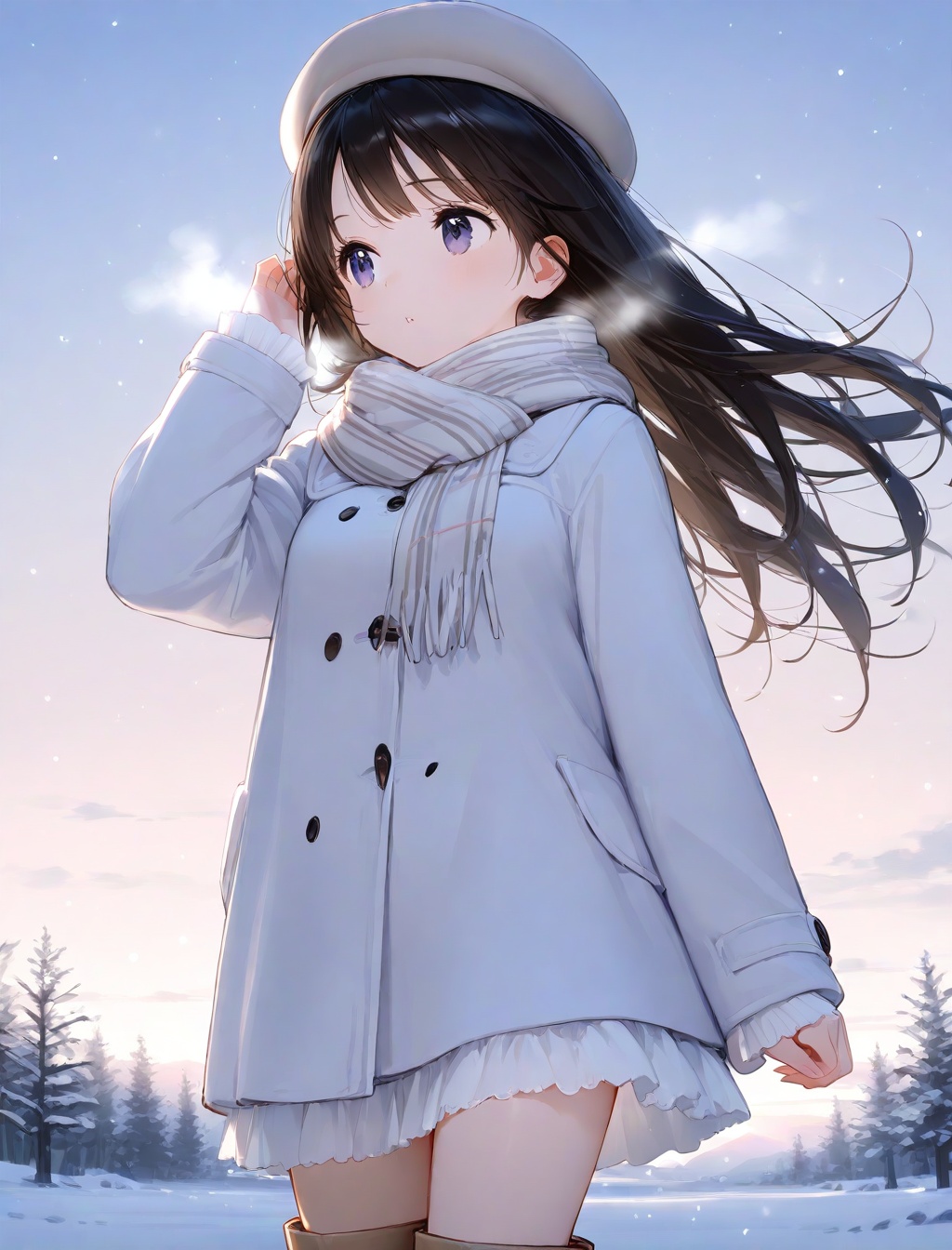 (masterpiece),(best quality),(sketch),solo,1girl,long hair,beret,knee boots,cotton boots,winter,upper body,looking_sky