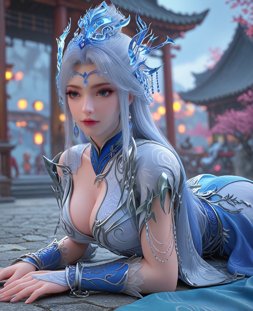 (oriental architecture, elegant decor, sophisticated style:1.1),(on stomach:1.1),(breasts:1.2),<lora:XL百炼成神宁雨蝶大奶宗主:0.95>,miss ningyudie,white dress,blue eyes,eyelashes,mole under right eye,white hair,long hair,hair ornament,sidelocks,earrings,bracer,shawl sleeves,pelvic curtain,lace stockings,, zPDXL2, score_9, score_8_up, score_7_up BREAK realistic, masterpiece,best quality, highly detailed,, zPDXL3, zPDXL2,zPDXL, zPDXLxxx, zPDXLrl,