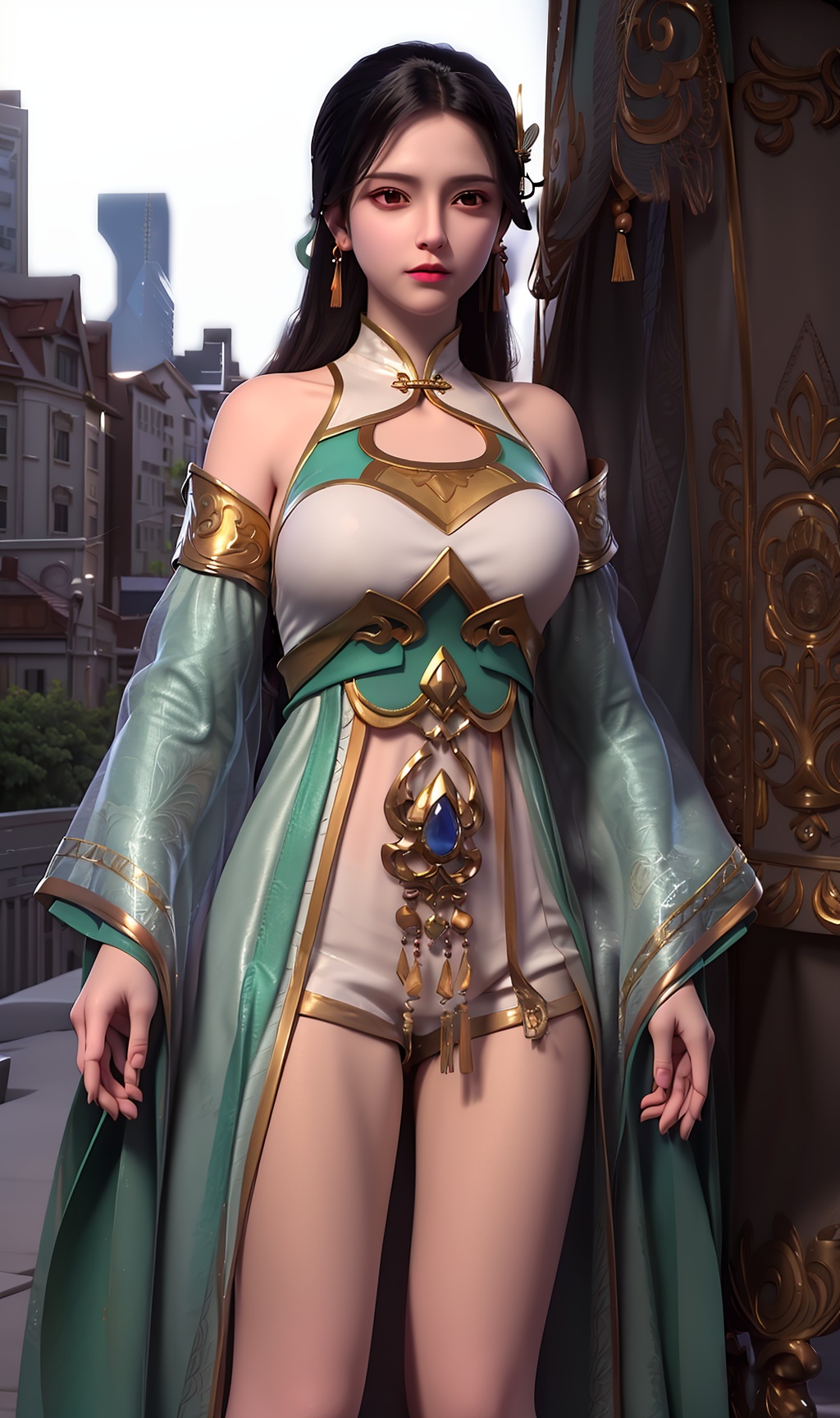 3D,masterpiece,(best quality),(makeup),official art, extremely detailed cg 8k wallpaper,((crystalstexture skin)), (extremely delicate and beautiful),(highly detailed),(face),(tassel),(collar),(gold),,(wide_sleeves),(1girl), (solo), (jewelry), (earrings),(black_hair),(long_hair),(hair_ornament),(handwear),(breasts),(standing),(upper_body),(off-shoulder_dress),(closed_mouth),(long_skirt),(chinese_clothes),(multicolored_clothes),(multicolored_dress),(shiny_clothes),(city,outdoor,bed),(gown),(shorts),(thighs),,((looking_at_viewer)),((Facing the camera)),, <lora:hipoly3DModelLora_v10:0.3>