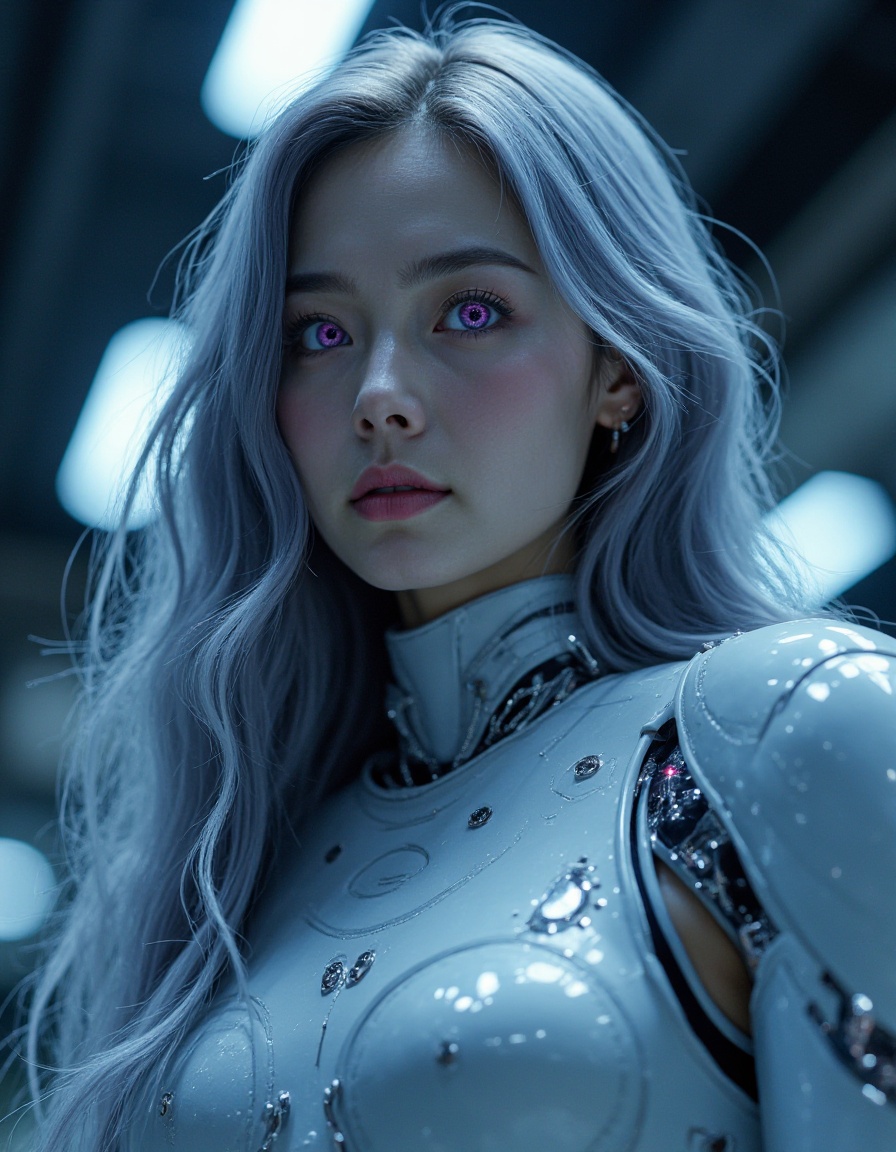 HDR photo of cinematic film still, mecha,Alison has a rare silver black long hair,like the brightest galaxy in the night sky pouring down,casually draped over her shoulders,shimmering with a faint blue light. Her eyes were deep purple,like black holes in a distant galaxy,both mysterious and attractive. With a slender figure and a slightly pale skin due to long-term wearing of high-tech protective clothing,the blue veins faintly emanate from the skin. Wearing a silver white mecha,the surface is covered with delicate metallic luster,shining like the first ray of sunshine in the morning under the illumination of lights,both bright and full of hope,