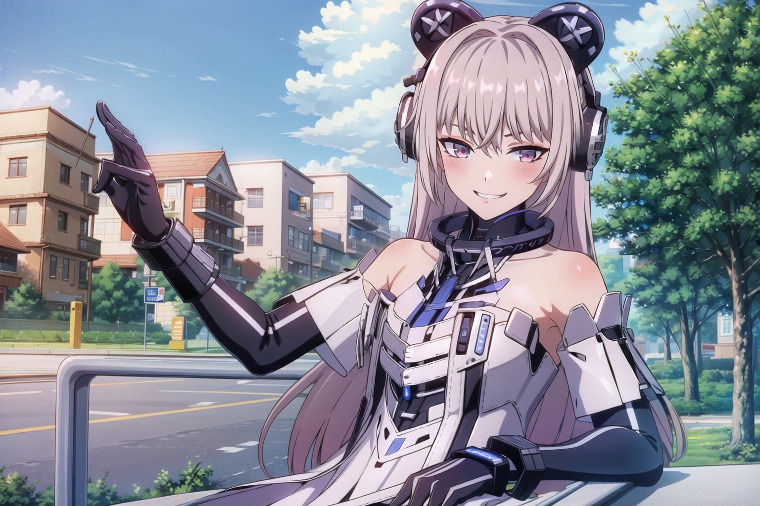 masterpiece,best quality,(outdoors),1girl,solo,bangs,bare_shoulders,dress,gloves,long_hair, looking at viewer,headset,(large breasts),(smirk),blush,(sitting),<lora:add_detail:0.4>, <lora:buou41:0.8>,