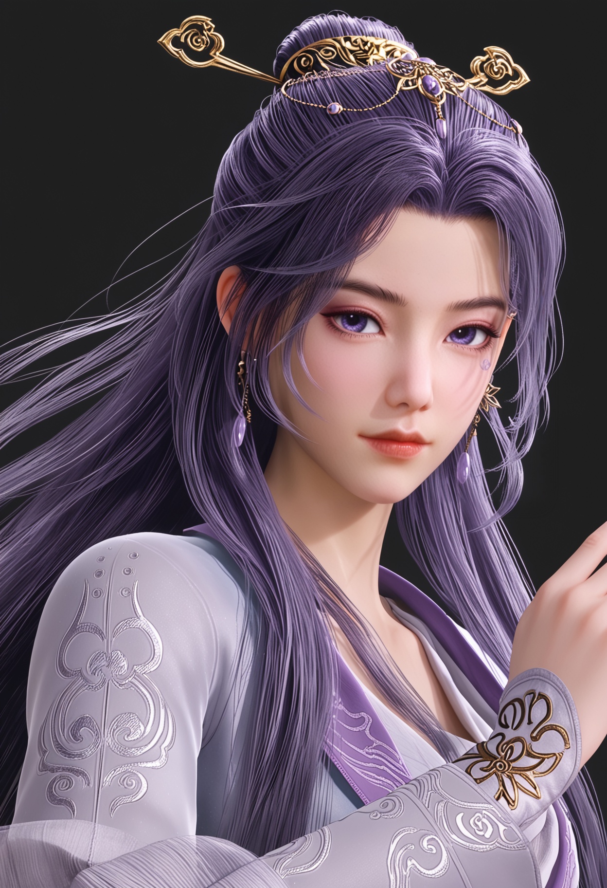 (upper_body:1.2),(masterpiece:1.1),(best quality:1.2),(intricate details),(looking at viewer:1.1),facing viewer,direct gaze,<lora:YQ_pony_yunxiaoxianzi2.0_V5:0.8>,q1528437228,1girl,solo,long hair,purple hair,purple eyes,hair ornament,chinese clothes,dress,jewelry,earrings,hair stick,long sleeves,sash,facial mark,single hair bun,wide sleeves,blue eyes,boots,black hair,shawl,BREAK simple background,pure black background,black background,perfect anatomy,