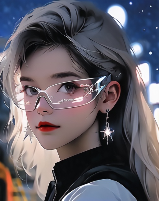 <lora:sbyj_chill-000011:0.8>,sbyj\(style\),1girl,solo,earrings,lips,looking at viewer,portrait,silver hair,starry sky summit,upper body,Urban streets,