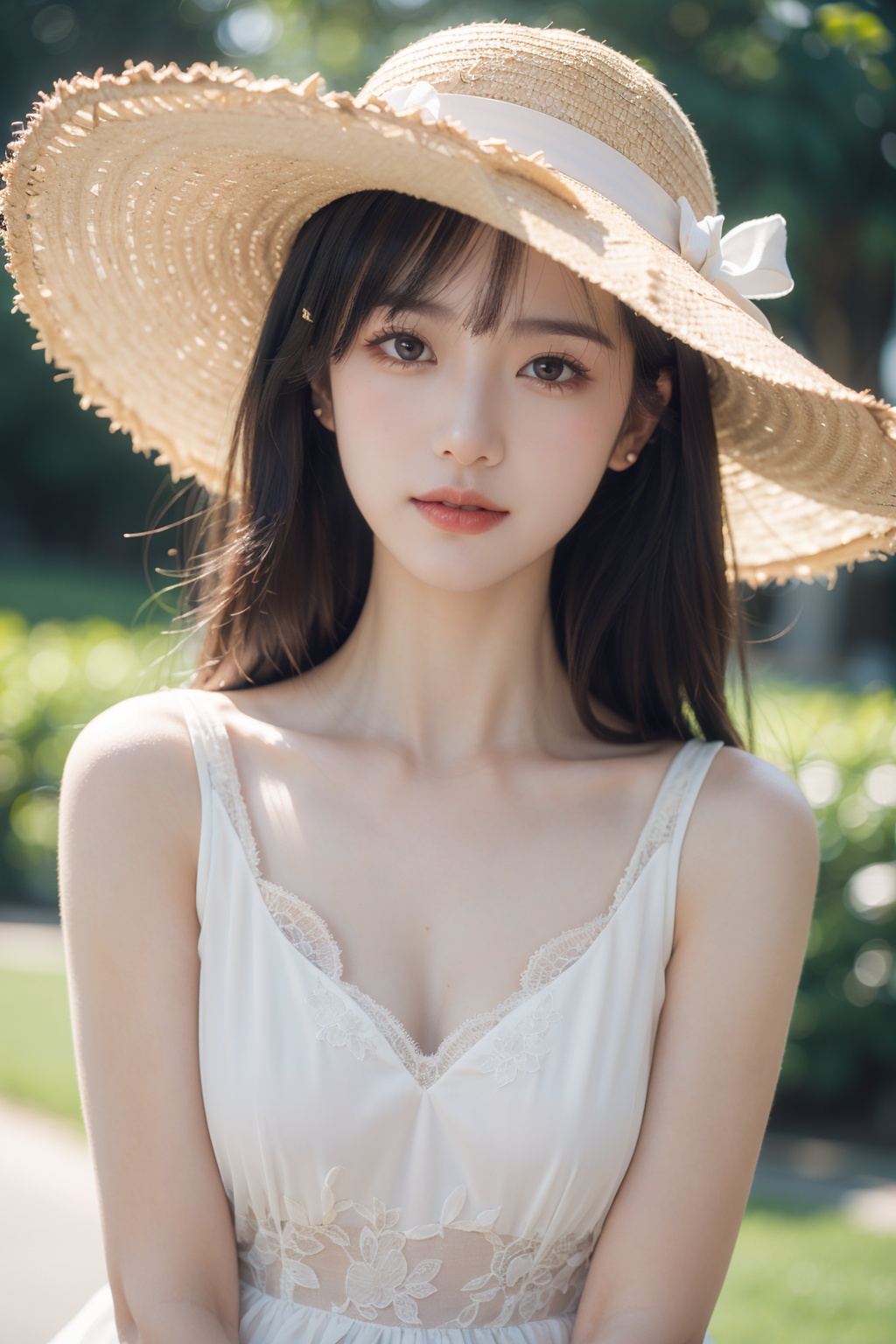 Best portrait photography, 35mm film, natural blurry, 1girl, sun dress, wide brimmed hat, radiant complexion, whimsical pose, fluttering hair, golden sunlight, macro shot, shallow depth of field, bokeh, dreamy,