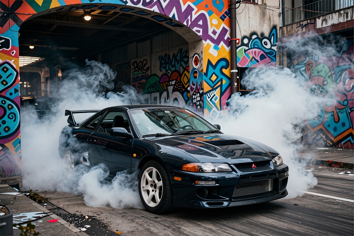 This is a photograph of a dark-colored sports car,  possibly a Mitsubishi Eclipse,  parked under a graffiti-covered archwa...