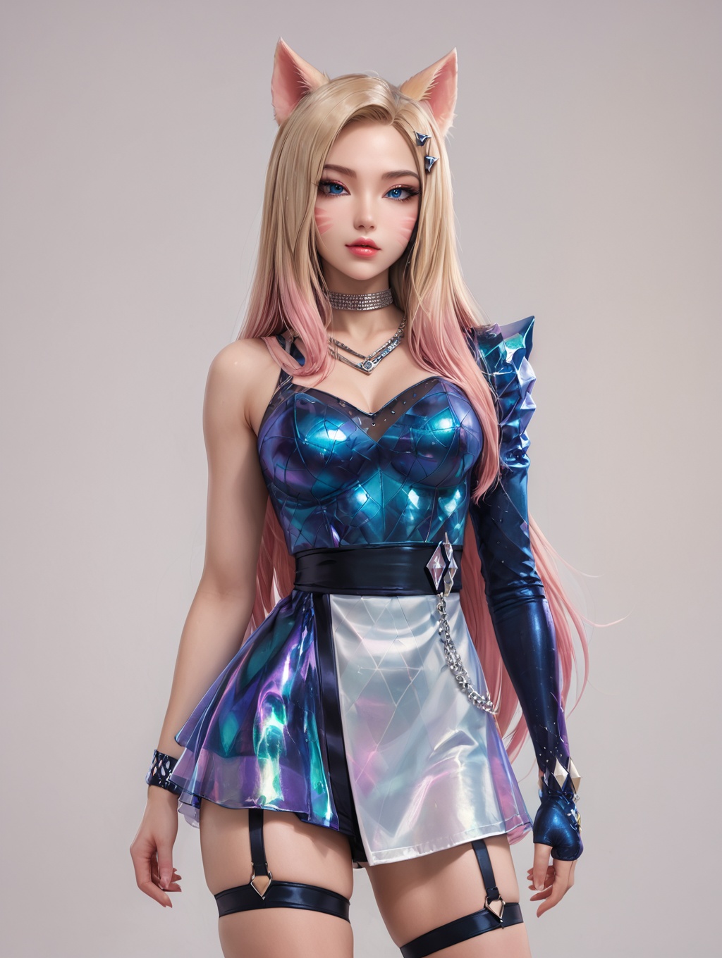 1girl, k/Da (league of legends), ahri, (official k/da), (league of legends), blonde pink hair, fox ears, k/da two-tone dress, shoulder armor, <lora:AhriPonyV1:0.6>looking at viewer, arms un side, garter strap,