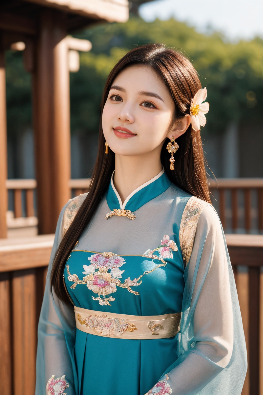 1girl, solo, jewelry, earrings, hair ornament, upper body, dress, brown hair, chinese clothes, railing, blurry background, blue dress, flower, blurry, brown eyes, closed mouth, outdoors, smirk, realistic, long sleeves, hair flower, looking up, see-through,