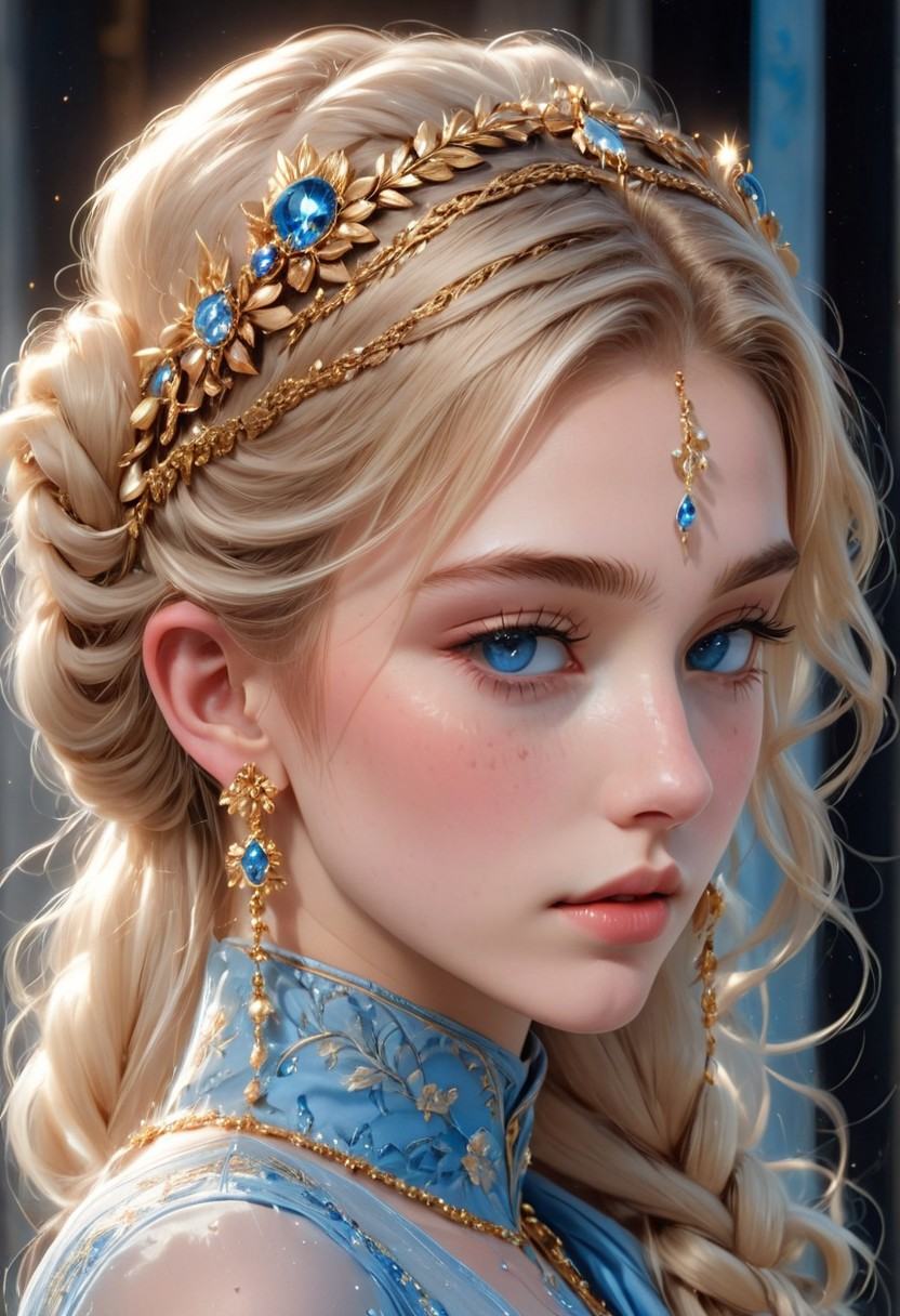 A young woman with long blonde hair and a single hair bun,  adorned with a sparkling blue gemstone and gold trim,  gazes s...