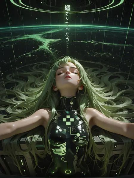 HDR, 8K, high contrast, masterpiece, best quality, amazing quality, realistic, very aesthetic, high resolution, ultra-detailed, absurdres, smooth skin, detailed hair,1 hologram silhouette, solo, hologram skin,  Digital sikn, straight-on, leaning back, looking up, closed eyes, downcast eyes, very long hair, hair spread out, outstretched arms,Virtual Space background, green lights, Digital space, vertical lines, glossy effect, futuristic atmosphere, Countless images appear, images rain,