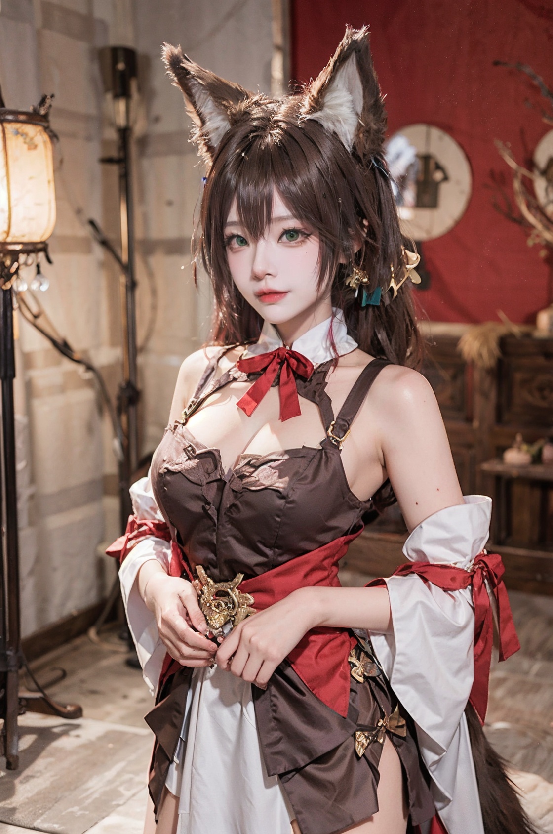 fox ears,detached sleeves,brown dress,fox girl,hair between eyes,red ribbon,sleeveless dress,brown hair,bare shoulders,Tingyvn,1girl,breasts,solo,looking at viewer,lips,fox tail,<lora:Tingyvn:0.7>,brown hair,