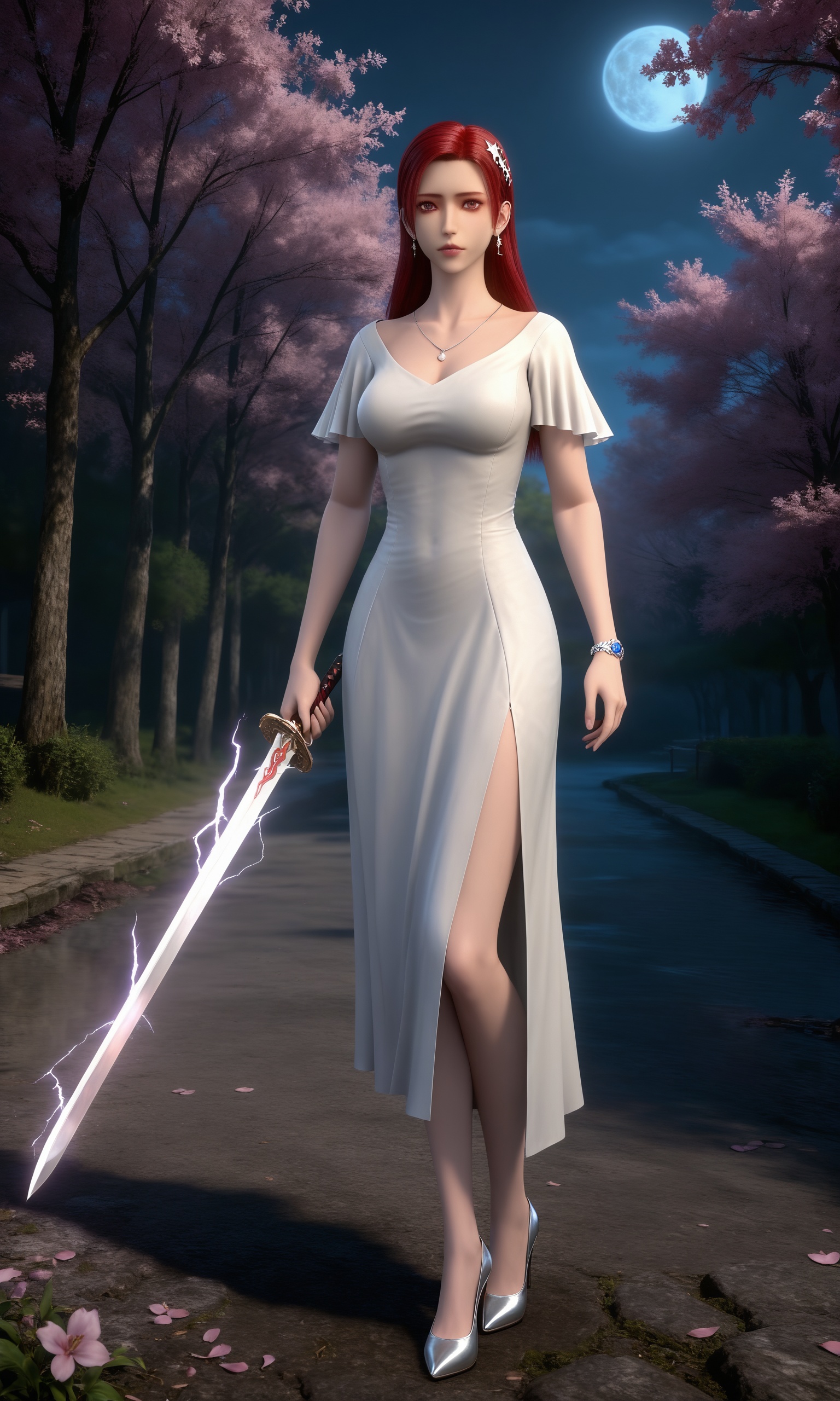 <lora:游侠战纪-秦梨落-白裙Pony:0.8>,1girl,long,straight red hair,form-fitting,off-white,knee-length dress,short,flared sleeves,deep V-neck,high slit,small pendant,bracelet on her right wrist,silver high heels,, A shot with tension,(Visual impact,giving the poster a dynamic and visually striking appearance:1.2),impactful picture,(masterpiece, best quality:1.2),offcial art,colorful,splash of color,movie perspective,advertising style,magazine cover,(full body:1.5),Emotionalization,golden hour,unconventional supreme masterpiece,masterful details,temperate atmosphere,with a high-end texture,in the style of fashion photography,magazine cover,Dynamic Angle,Dynamic posture,score_9,score_8_up,score_7_up,1girl,moon,holding,holding weapon,holding sword,tomoe (symbol),mitsudomoe (shape),electricity,drawing sword,cherry blossoms,night,obijime,obiage,looking at viewer,parted lips,tassel,