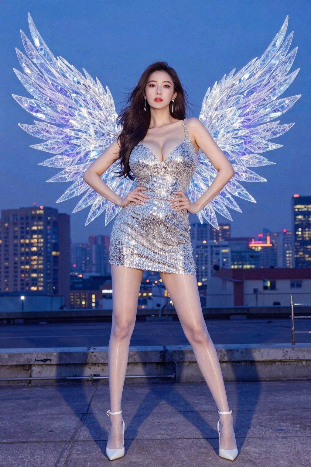 照片中,一位有着深棕色长发的亚洲女性站在黄昏的屋顶上,她身着一件闪亮的银色亮片迷你连衣裙,紧贴着她纤细匀称的身材,凸显了她小巧的胸部和纤细的腰肢,她双手叉腰,修长的双腿分开,自信地看向镜头,她身后展开一对巨大的水晶翅膀,宛如冰晶碎片,散发着蓝紫色的光芒,她脚穿白色高帮高跟鞋,双腿穿透明亮白色连裤袜,屋顶是都市背景,远处是灯火辉煌的城市夜空,天空湛蓝如洗,她的皮肤白皙,表情自信而果敢,整张照片散发出一种自信而都市时尚的气息,