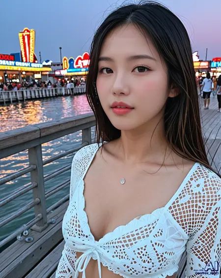 (((photorealistic:1.6, realistic:1.4, best quality:1.2)), 1girl(28 years sexy korean model), South Korean women, solo, hyper detailed, high quality, hyper detailed, masterpiece, (realistic skin:1.4), realistic face, intact body and hands, perfect face, intricate details),Surreal film dreamscape, shot on Ilford Pan F Plus, ethereal quality, soft lighting, creating a dreamlike narrative,Atlantic City Boardwalk, Polar vortex, early afternooon, beach waves hair, Indian red color hair, small_head,(perfect Jovial Face:0.7), magenta color eyes, beautiful clear eyes, facial blush, glow parted lips, (Relief:0.7),bulky body, Size D breasts, small hands and feet,Hanbok, traditional Korean clothes, (cameltoe:0.7, covered_nipples:0.3), kneehighs,(standing with one foot on a bench:0.7), (portrait:1.2, from side:1.2),