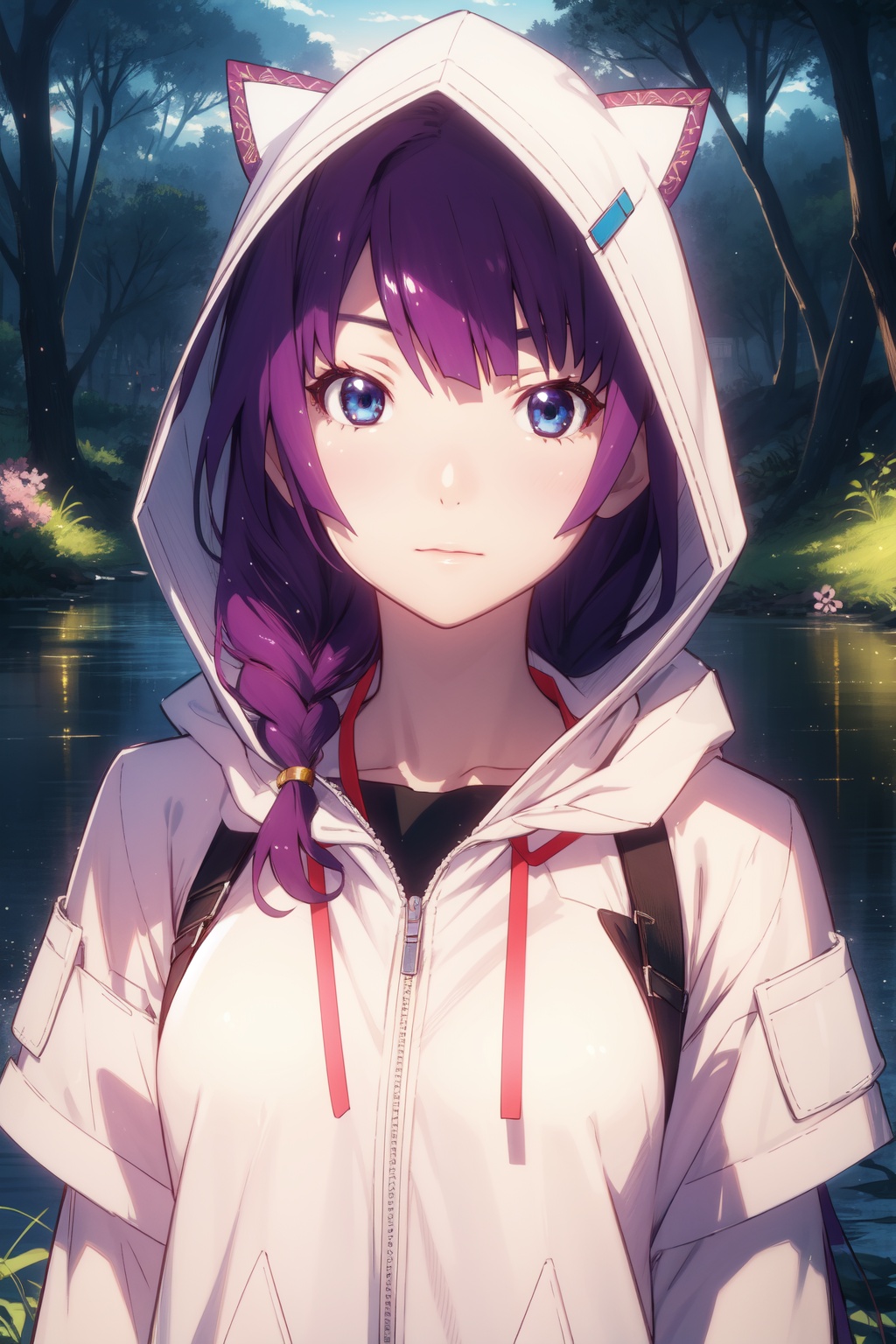 <lora:Hitagi-000008:0.8>,Hitagi CYQL,1girl,looking at viewer,solo,long hair,purple hair,blue eyes,Hooded Aran sweater with joggers and chunky sneakers,Confused, Wide-open eyes, a slightly furrowed brow, and a slightly open mouth.,upper_body,beautiful face,beautiful eyes,glossy skin,shiny skin,Lake, Lakeside, Forest, Trees, Reflection, Serenity, Wildlife, Tranquility,(Bamboo shoots, Bamboo grove, Lantern-lit path, Evening stroll, Zen tranquility, Bamboo shadows:0.6),beautiful detailed sky,beautiful detailed glow,masterpiece,best quality,beautiful and aesthetic,wallpaper,