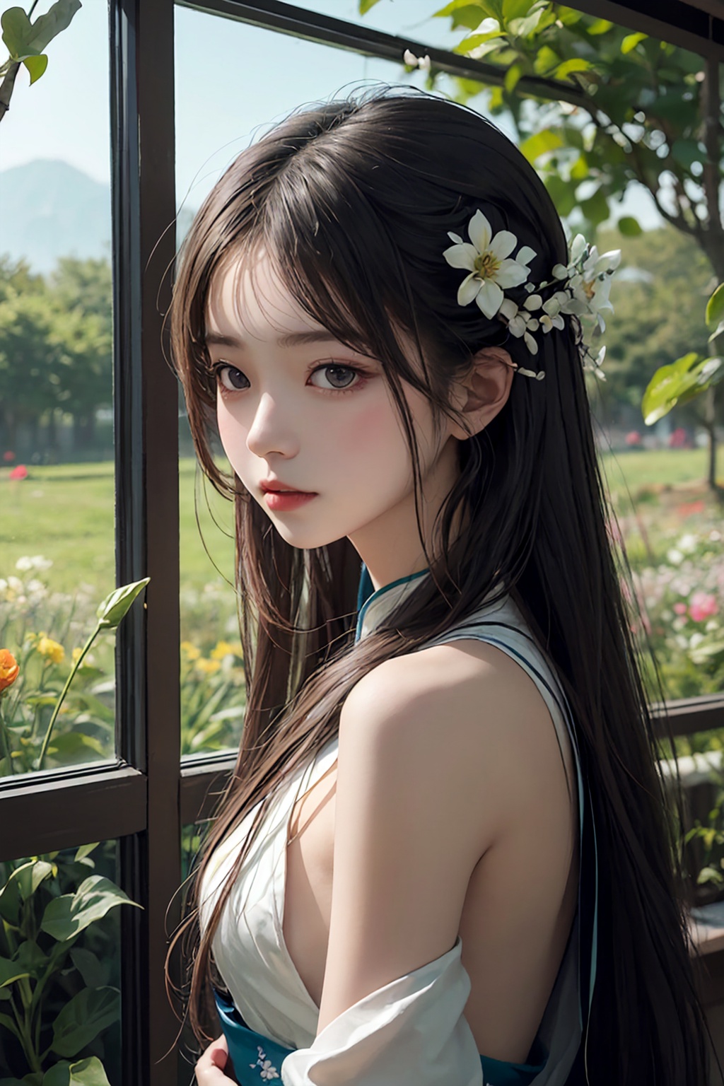 xyx,1girl,solo,long hair,indoor,looking_at_viewer,hanfu,flower field,portrait,bare shoulders,outdoors,