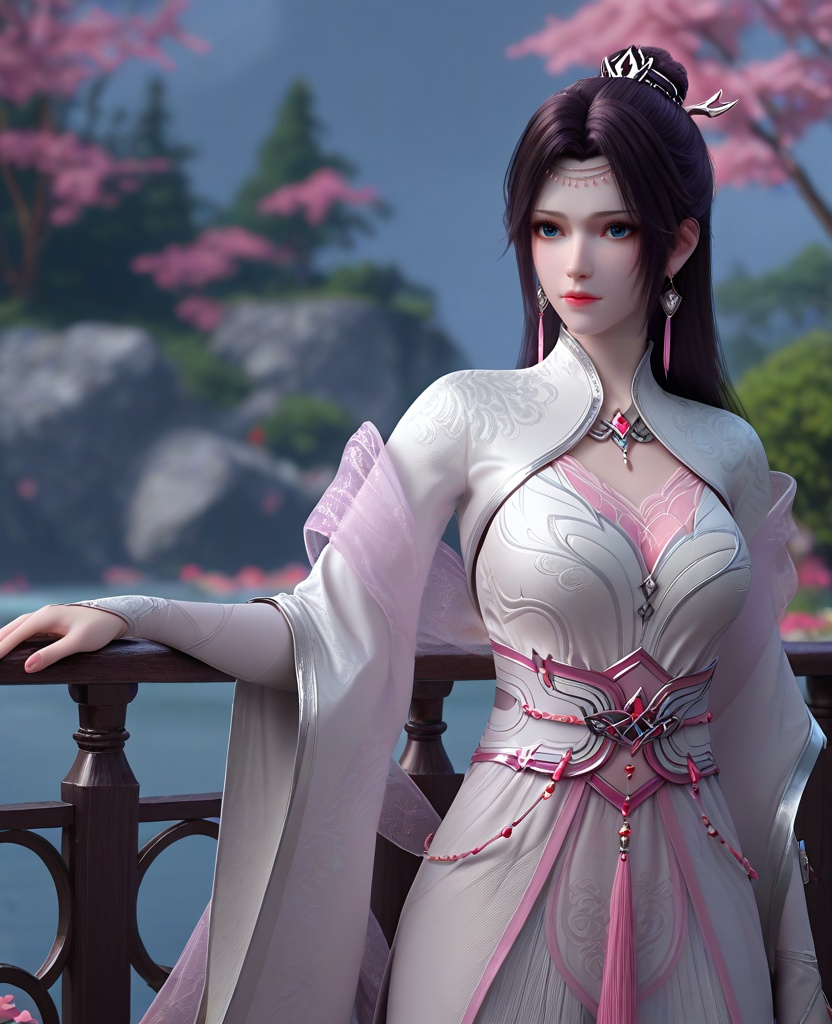 (oriental architecture, elegant decor, sophisticated style:1.1),(Standing near a railing or fence, holding it with both hands, gazing ahead,:1.1),looking at viewer,(breasts:1.2),<lora:XL16斗破苍穹花宗云韵:0.95>,miss yunyun,white dress,blue eyes,traditional chinese updo with long cascading hair,black hair,hair ornament,earrings,jewelry,bolero,pink sheer shawl,wide flowing sleeves,pink chiffon bra,sash,opera gloves sleeves,, score_9,score_8_up,score_7_up,score_6_up,score_5_up,score_4_up,3d rendering,tag1,tag2, Cinematic Lighting,backlighting,, zPDXL3, zPDXL2,zPDXL, zPDXLxxx, zPDXLrl,