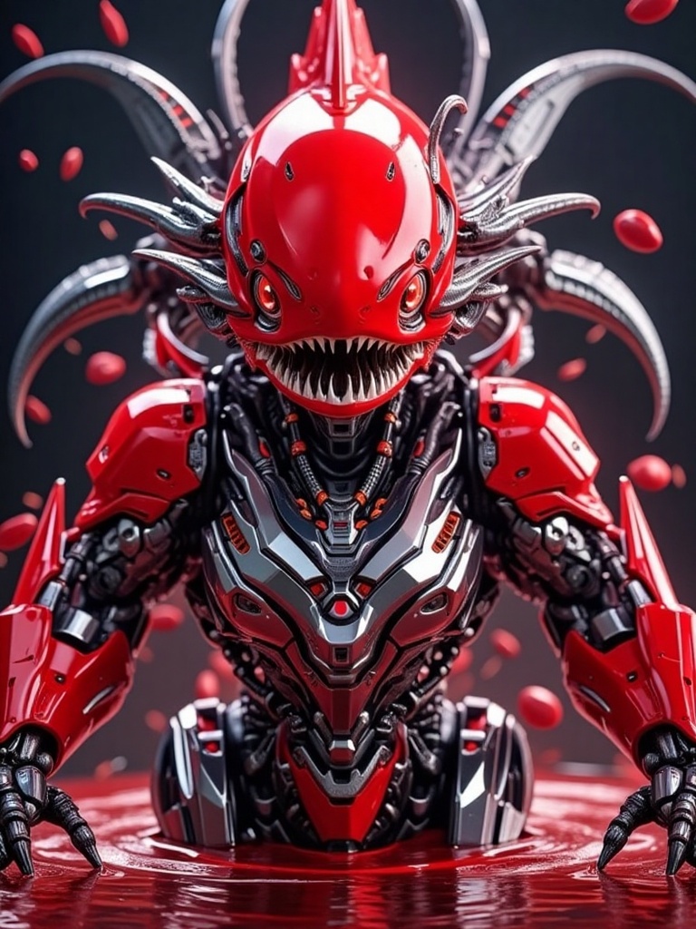 mecha,A full-body shot of a humanoid robot with bright red features resembling a fish, featuring distinct mechanical structures. The robot's forearm is adorned with steel-**** fish fin armor (1.2), and its chest is decorated with fish scale-**** mechanical plates (1.2). Its legs also have fish fin-**** mechanical structures. The robot has glowing red eyes with reflective highlights. Surrounding the circuitry around its body is a swirling red liquid (1.0). The scene is illuminated with vibrant lights and particle effects, with the robot facing directly towards the camera.